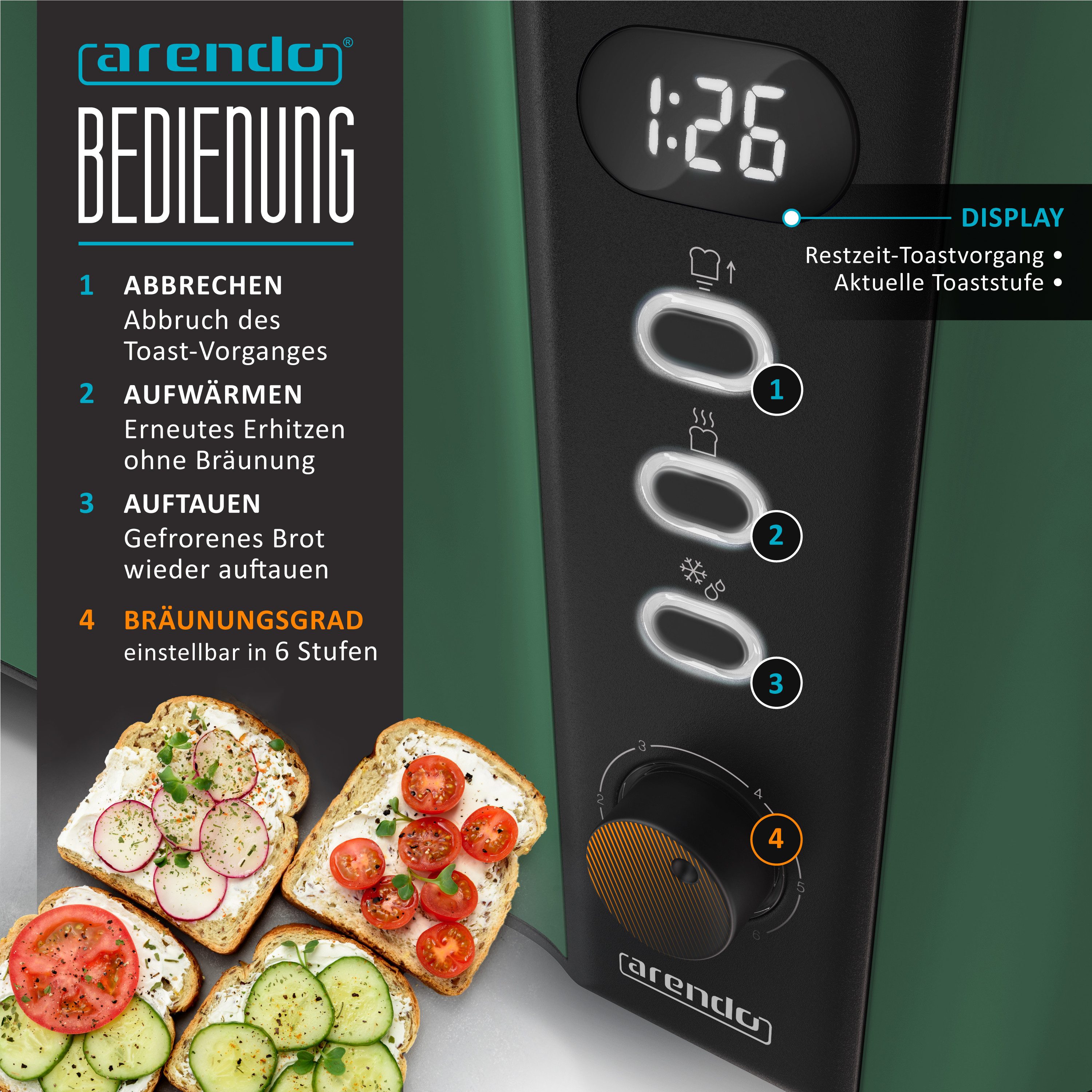 Arendo Toaster Edelstahl, Langschlitz, Display mit Restzeitanzeige, Krümelschublade, 2 lange Schlitze, für 4 Scheiben, 1500 W, Defrost Funktion, Wärmeisolierendes Gehäuse, mit Brötchenaufsatz