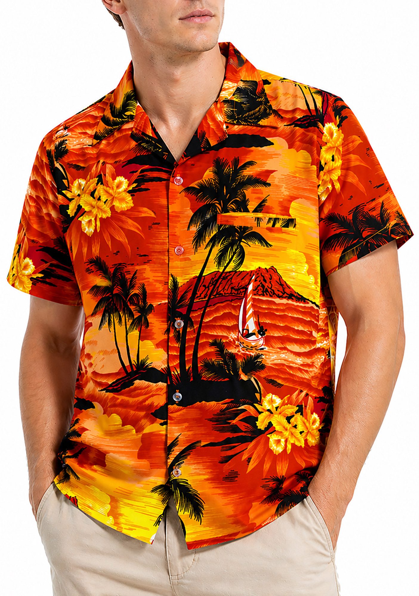 King Kameha Hawaiihemd "Surf" Funky Hawaii-Hemd Herren Kurzarm Front-Tasche Sommerhemd