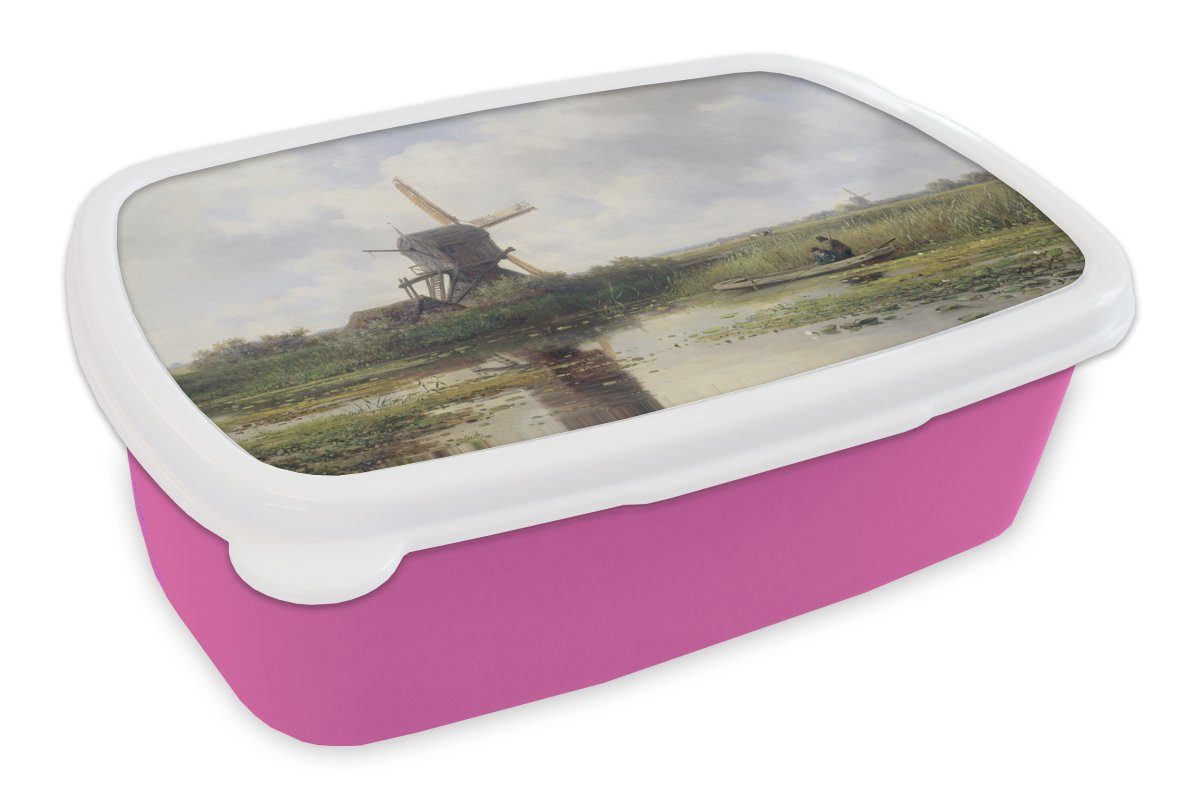 MuchoWow Lunchbox Mühle - Willem Roelofs - Alte Meister - Kunst, Kunststoff, (2-tlg), Brotbox für Erwachsene, Brotdose Kinder, Snackbox, Mädchen, Kunststoff rosa