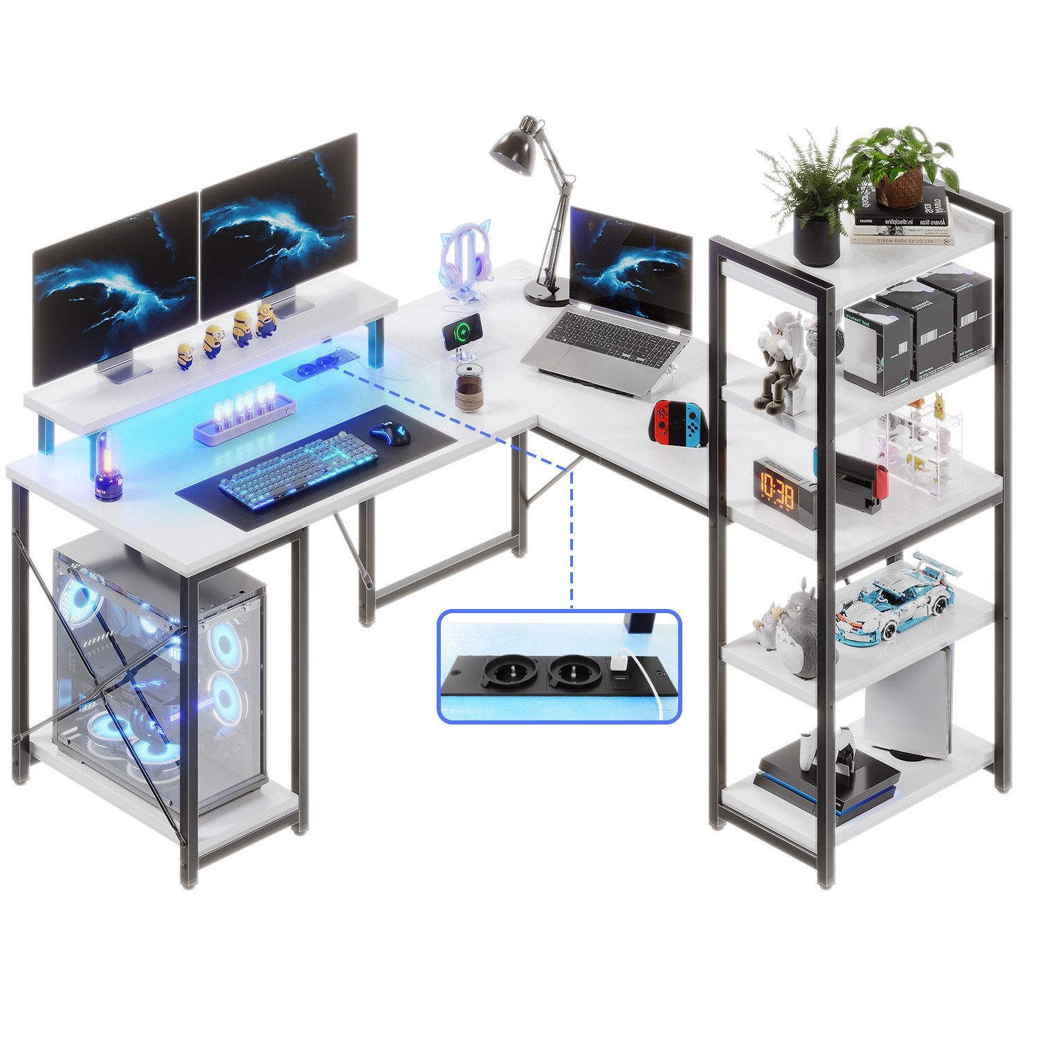 Eckschreibtisch Gamingtisch,140cm L-förmiger Computertisch mit Ablage, LED-Licht