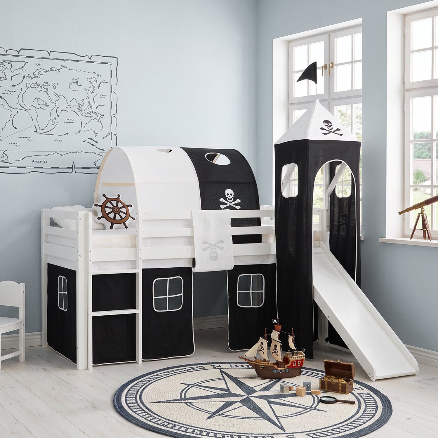 Homestyle4u Hochbett 90x200 cm Kinderbett Weiß mit Vorhang Kinder Treppe Leiter Kiefer Holz (Komplett-Set mit Lattenrost, mit Rutsche, mit Tunnel, mit Turm, Matratze mit OEKO-TEX® Standard 100) Pirat, Junge, Spielbett