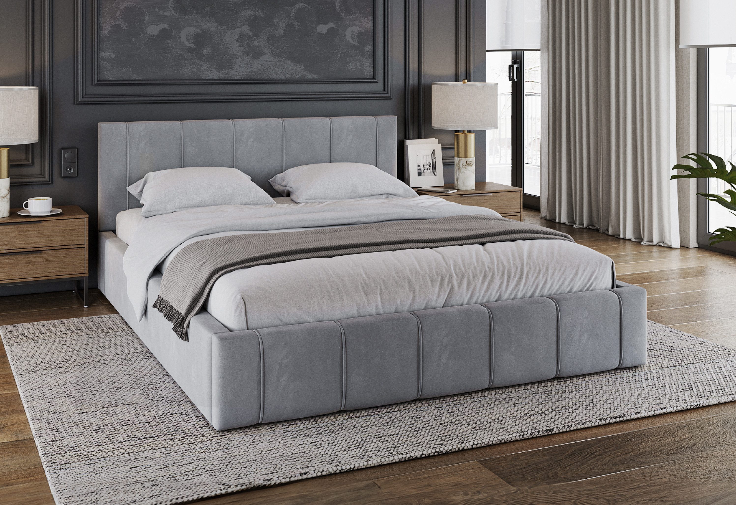 FDM Polsterbett FLORIDA Paris Bettgestell 90x200, 120x200, 140x200, 160x200, 180x200cm (verfügbar 90x200 120x200 140x200 160x200 180x200cm, Bettrahmen, Bett, mit großen gepolsterten Kopfteil, mit Bettkasten zum aufklappen), Hebbarer Metallrahmen, Bettkasten, mit/ohne Matratze