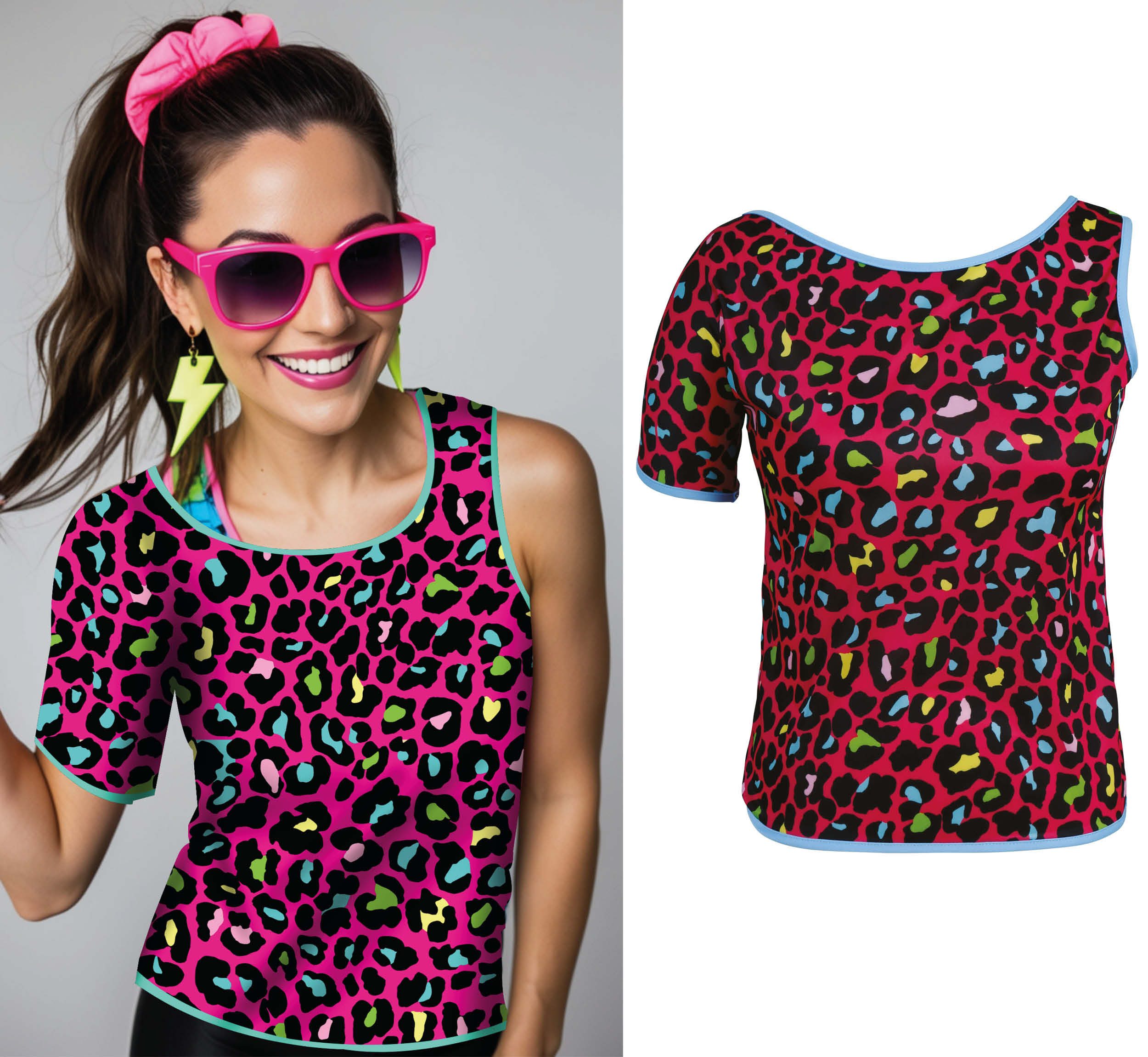 Fiestas Guirca Kostüm, Disco Wild Leopard Style 80s Party Mode Karneval Hemd T-Shirt Kostüm