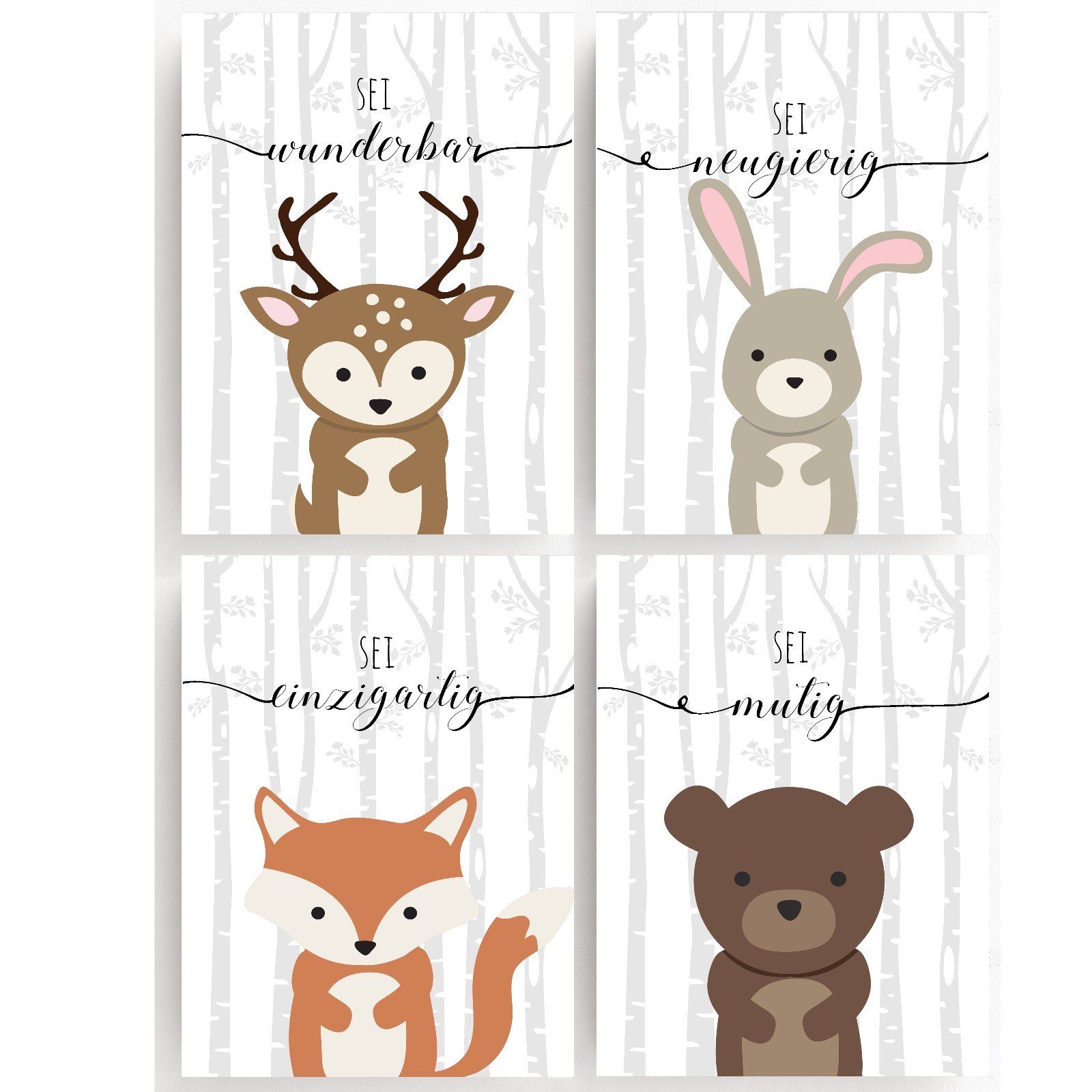 homestyle-accessoires Плакат Изображенияset Kinderbilder WALDTIERE HASE FUCHS BÄR BAMBI 4er SET, - Ohne Изображенияrahmen - sorgfältige & sichere Verpackung