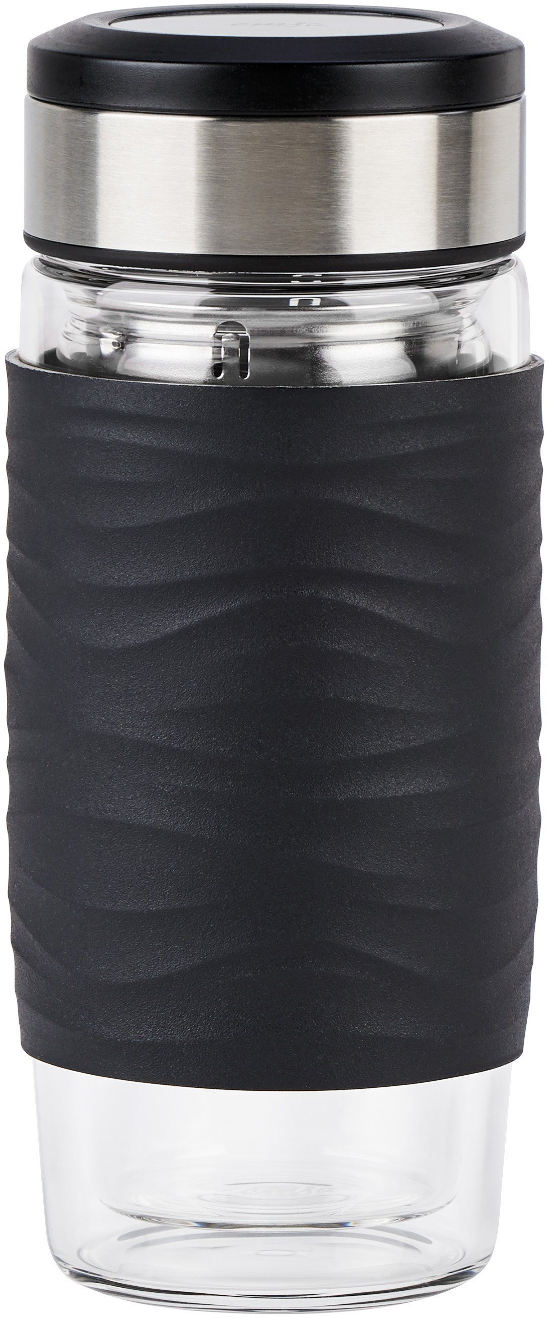 Emsa Thermobecher Tea Mug, 3-tlg., Edelstahl, Glas, Silikon, Teebecher, 400 ml, 100% dicht, 3-teilig, mit herausnehmbarem Tee-Sieb