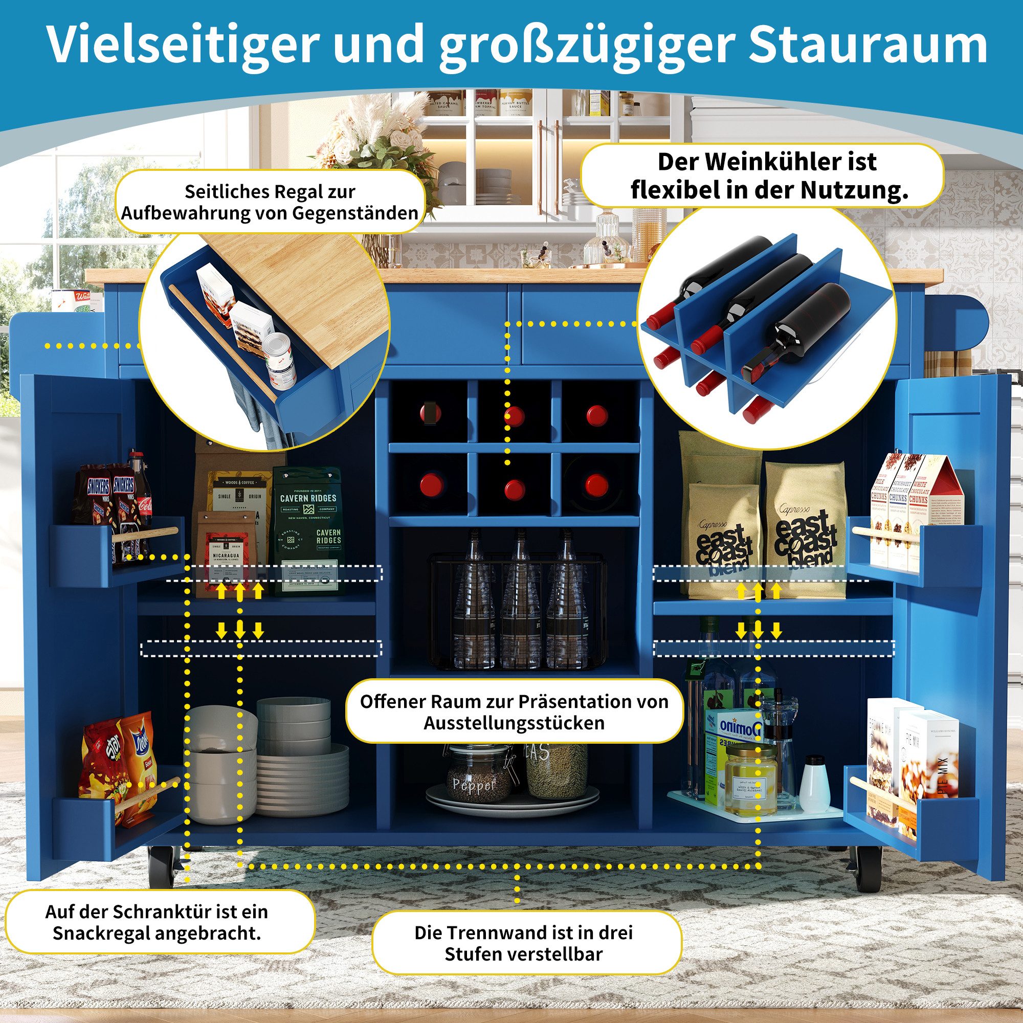 i@home Kücheninsel mit Stauraum, Küchenwagen mit Arbeitsplatte, 102×45×92 cm, 360° drehbare Rollen, Herausnehmbares Weinregal