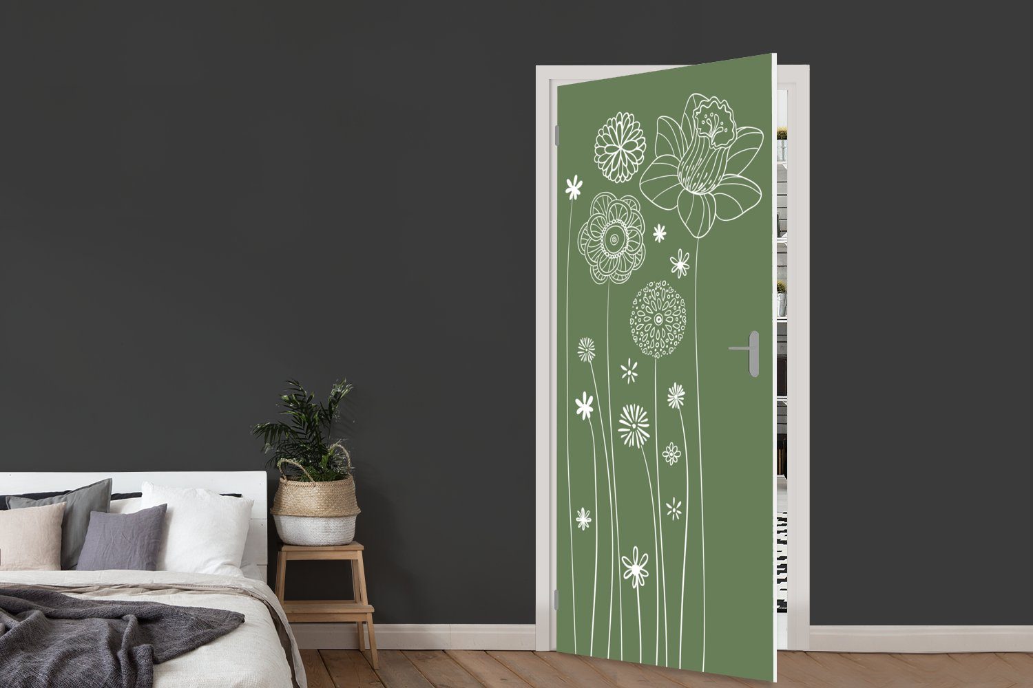 MuchoWow Türtapete Illustration eines Blumenmusters Grün, Türaufkleber, St), Matt, Tür, in (1 cm bedruckt, 75x205 für Fototapete