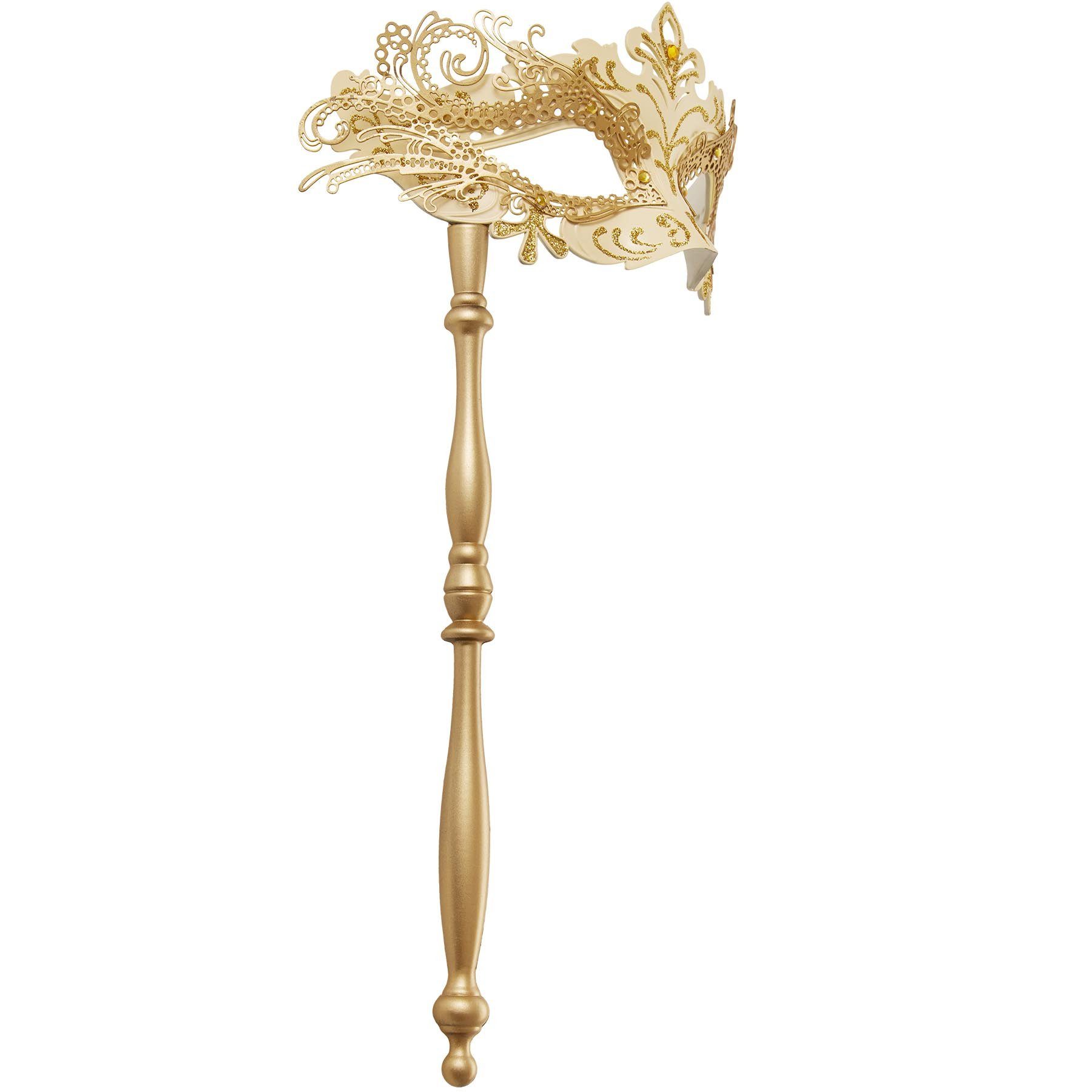 dressforfun Kostüm Faschingskleidung, auch Maskeradenverkleidung, in gold, Ca. 30 cm, Elegante Stabmaske in Einheitsgröße, Ca. 90 g, Ca. 20,5 x 10,5 cm