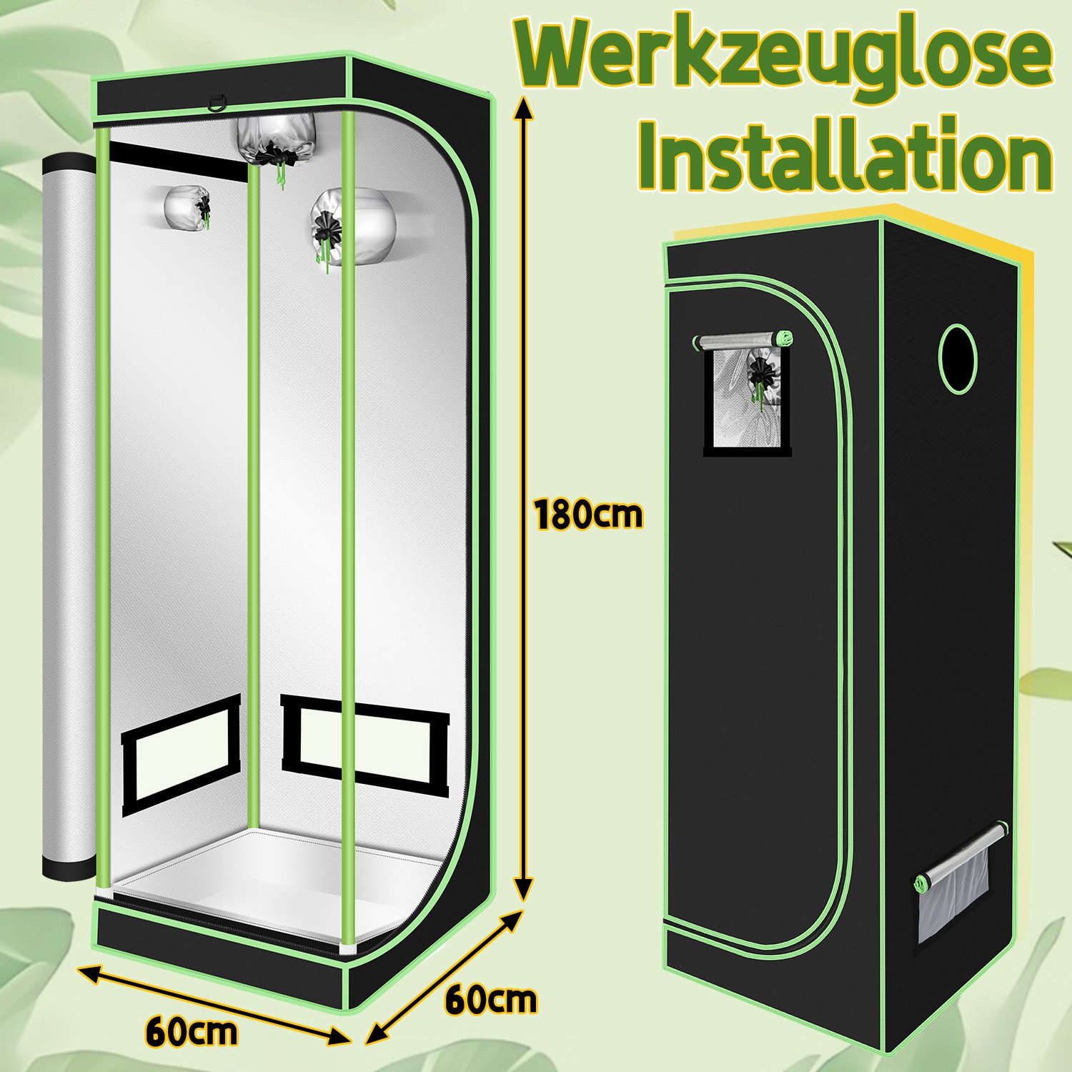 Clanmacy Anlehngewächshaus Growbox Anbau Zelt Growzelt Gewächszelt Zuchtschrank Indoor Grow Tent, BxTxH: 60 x 60 x 180,00 cm