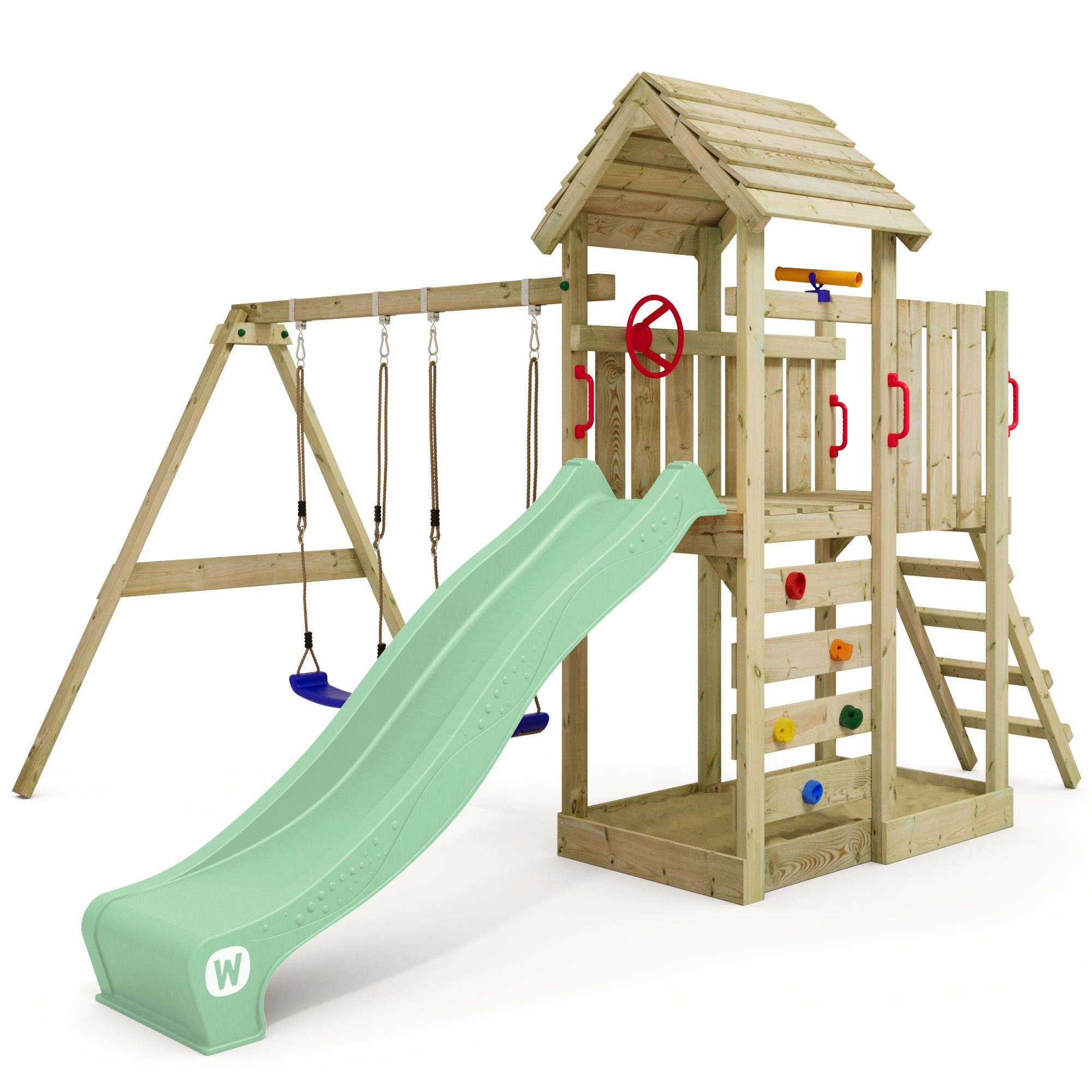 Wickey Spielturm MultiFlyer mit Holzdach, Doppelschaukel günstig online kaufen