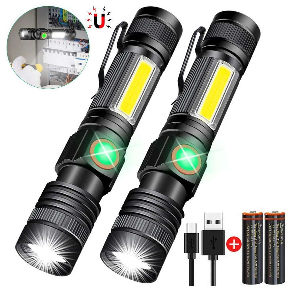 TUWENA LED Taschenlampe 2 Taschenlampe LED Extrem Hell mit Akku,Weiße Licht COB Arbeitsleuchte (2-St), USB Aufladbare Taschenlampe mit Starke Magnet, 4 Modi, Hell 3000 Lumen