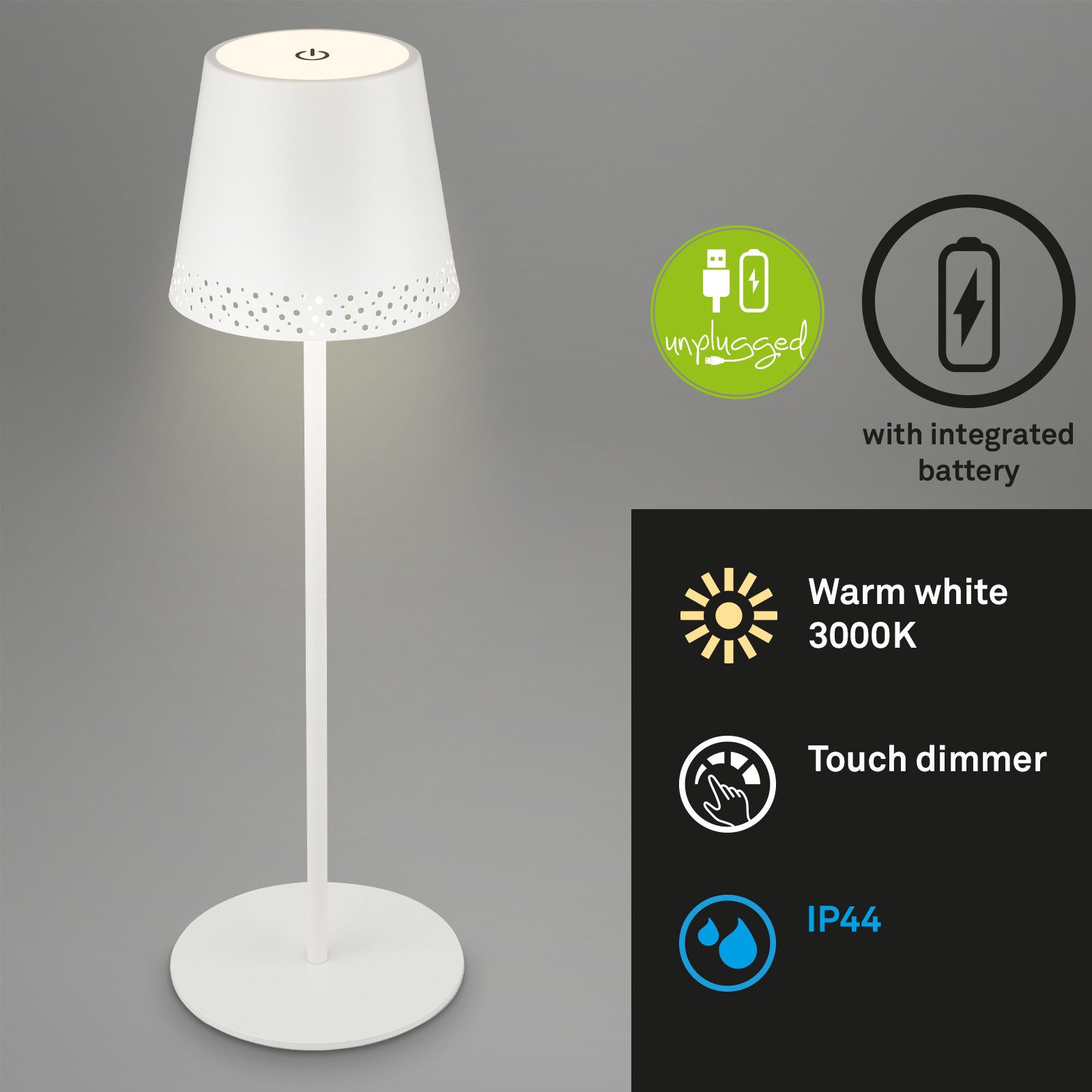 Briloner Leuchten Tischleuchte kabellose LED Tischlampe dimmbar Indoor/Outdoor, LED fest integriert, mit Akku, höhenverstellbar, USB-C, warmweiß, IP44, 38 cm