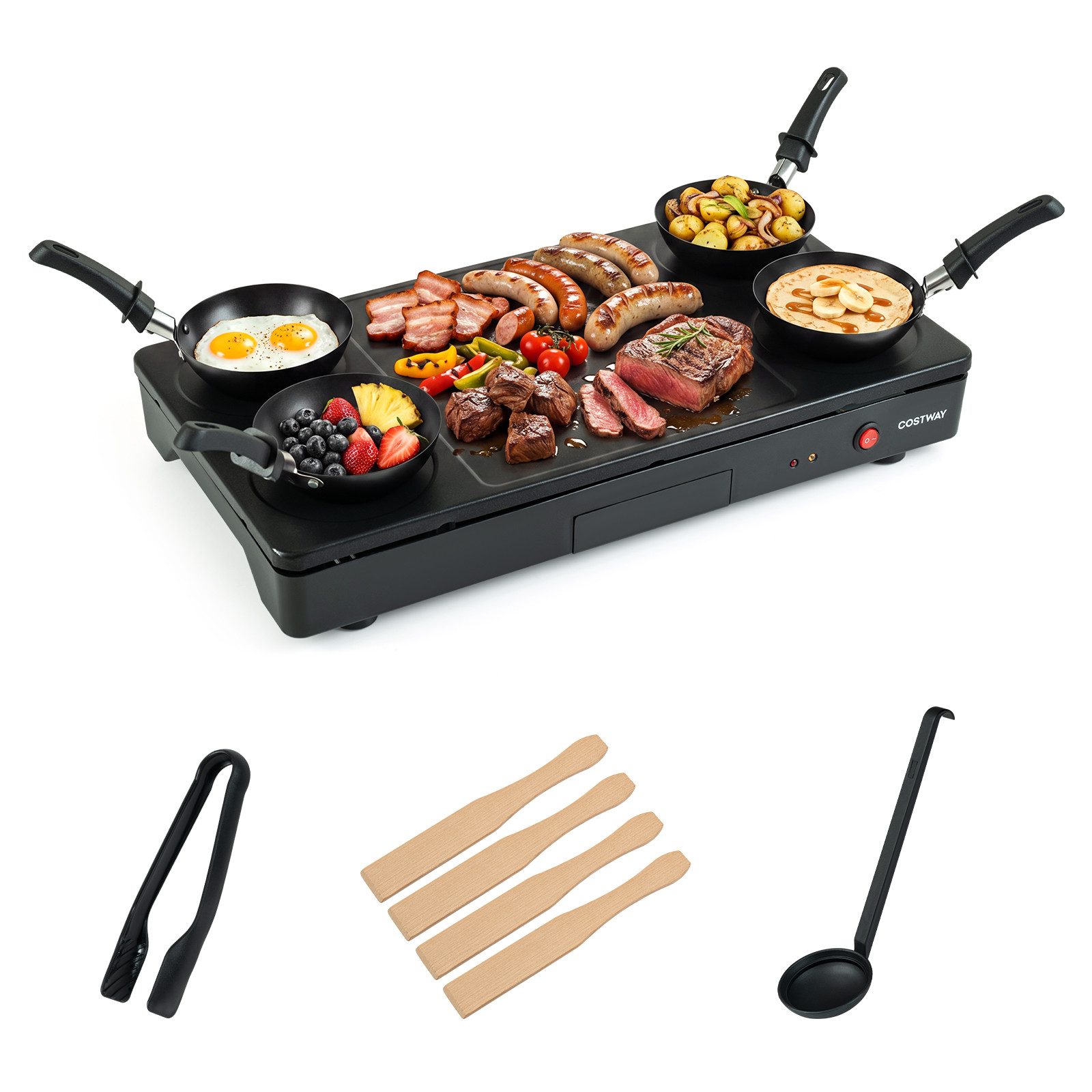 COSTWAY Elektrogrill, 1000 W, Tischgrill mit Grillzange, Löffel, 4 Bratpfannen