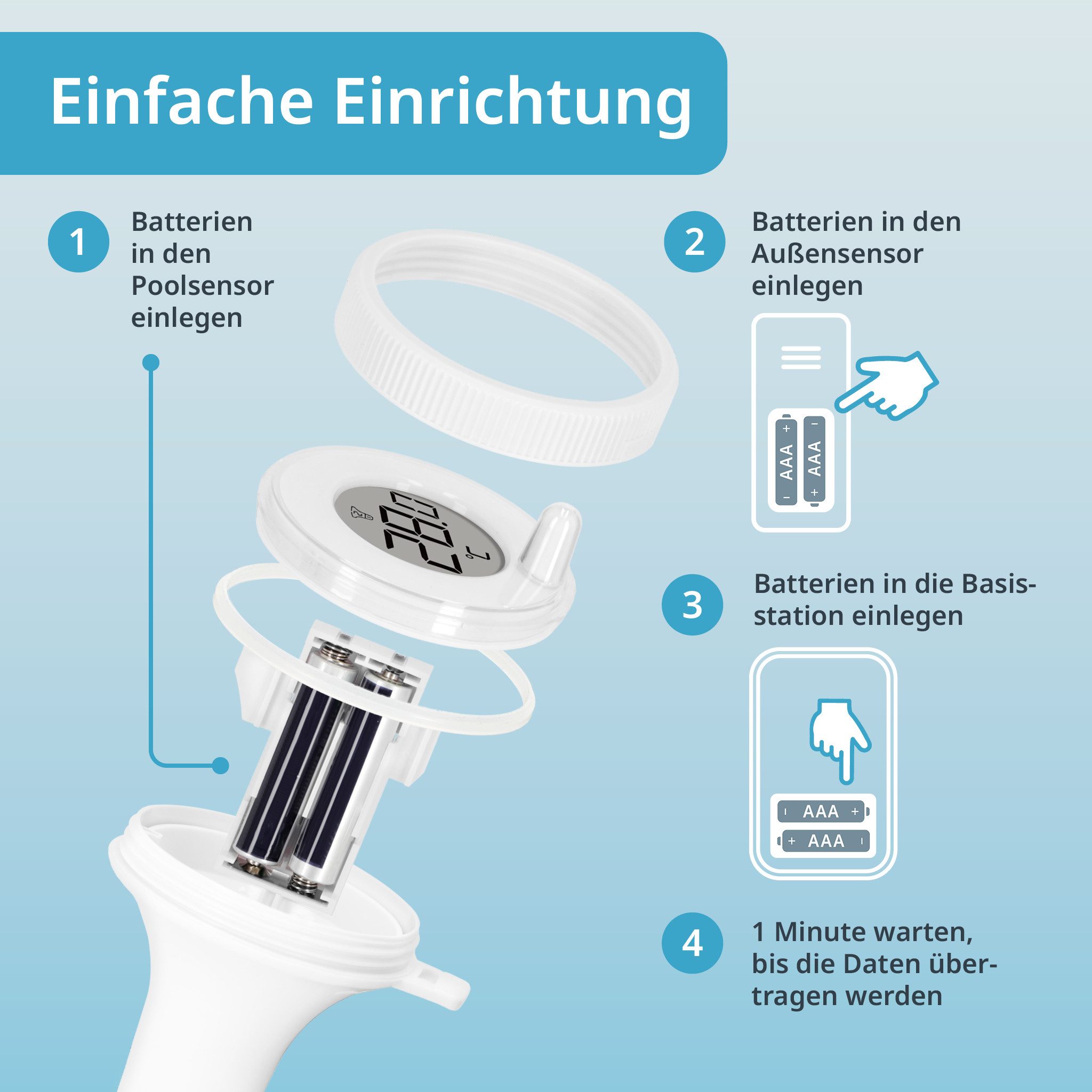 ADE Badethermometer Poolthermometer Funk mit Außensensor, wasserdicht nach IP67, -40 - 60° C, +/- 1° C präzise, 60 m Reichweite