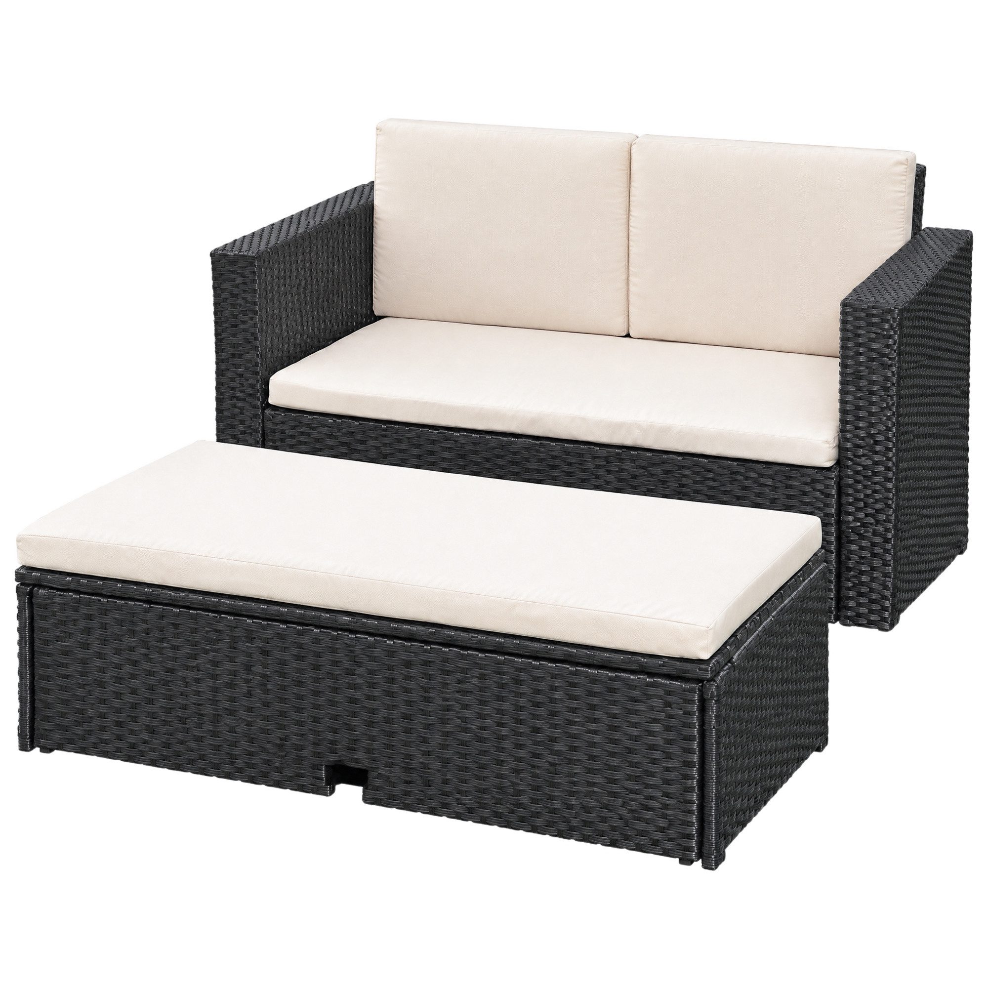 Feel2Home Gartenlounge-Set Polyrattan-Lounge mit Zweisitzer-Sofa und Ottomane mit Stauraum, (Set, 2-tlg., Sofa & Ottomane), Kissen inkl. Reißverschluss daher abnehm- und waschbar