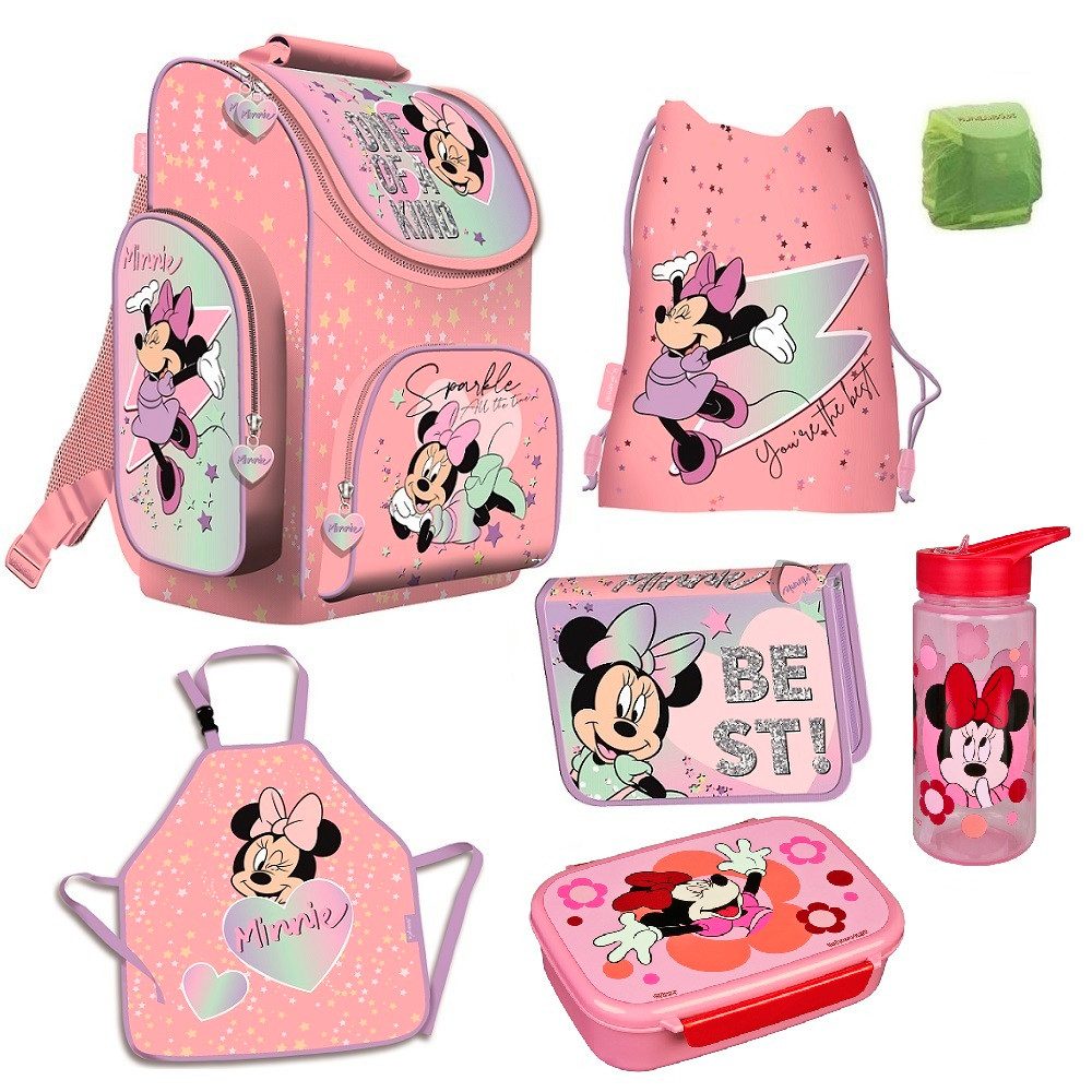 Familando Schulranzen Disney Minnie Mouse Schultasche 1. Klasse, ergonomischer Tornister (Set, 7-tlg., inkl. Federmappe, Brotdose und Trinkflasche), ergonomisch; 1.010 Gramm leicht; Volumen 15 Liter