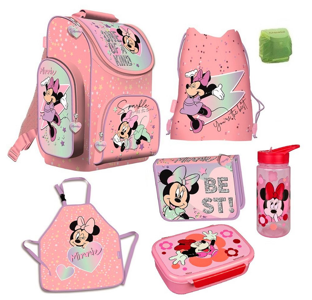 Familando Schulranzen Disney Minnie Mouse Schultasche 1. Klasse, ergonomischer Tornister (Set, 7-tlg., inkl. Federmappe, Brotdose und Trinkflasche), ergonomisch, 1.010 Gramm leicht, Volumen 15 Liter