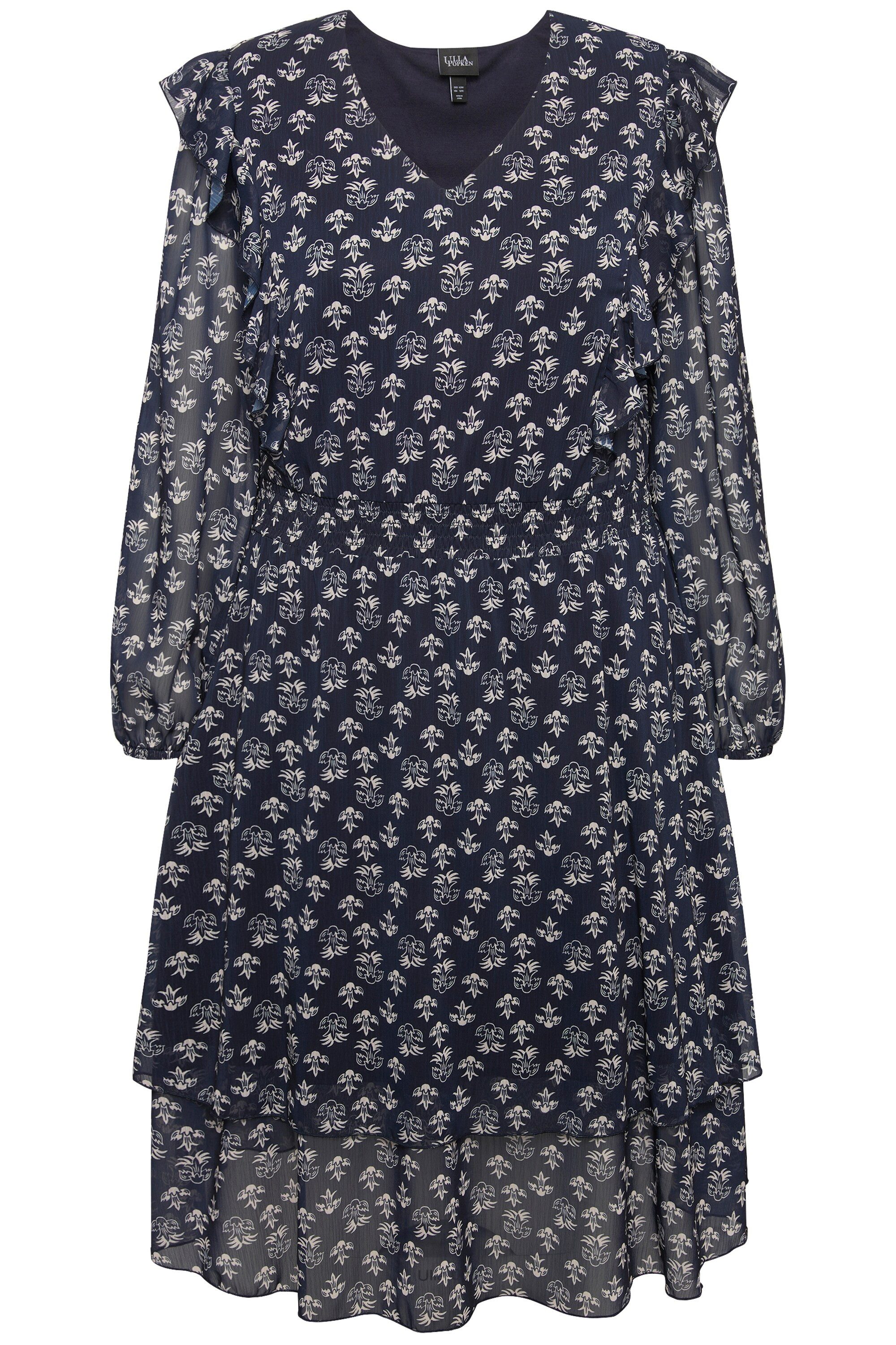 Ulla Popken Midikleid Kleid doppellagig V-Ausschnitt Rüsche Langarm günstig online kaufen