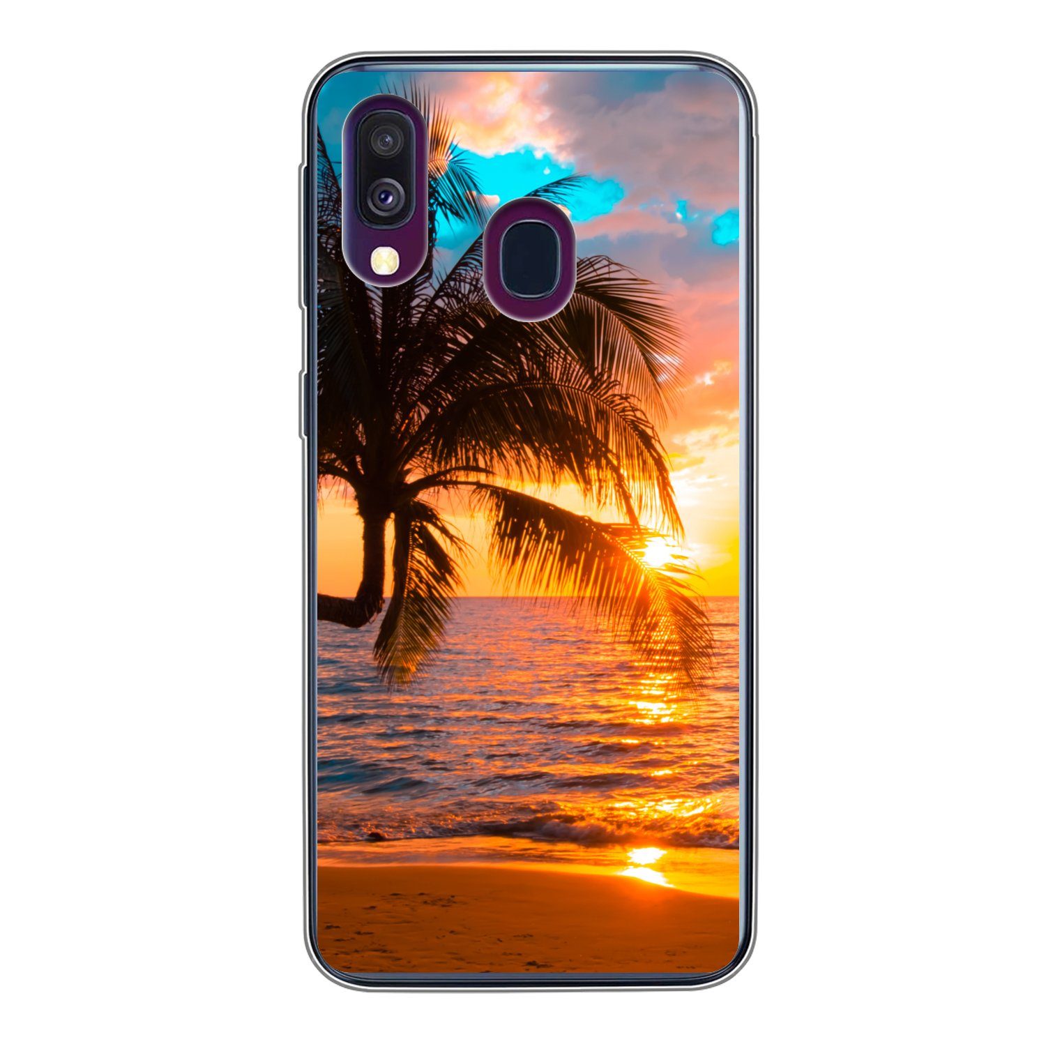 MuchoWow Handyhülle für Samsung Galaxy A40 Palme - Sonnenuntergang - Horizont - Strand - M, Smartphone-Bumper, Print, Handy Schutzhülle Dünn