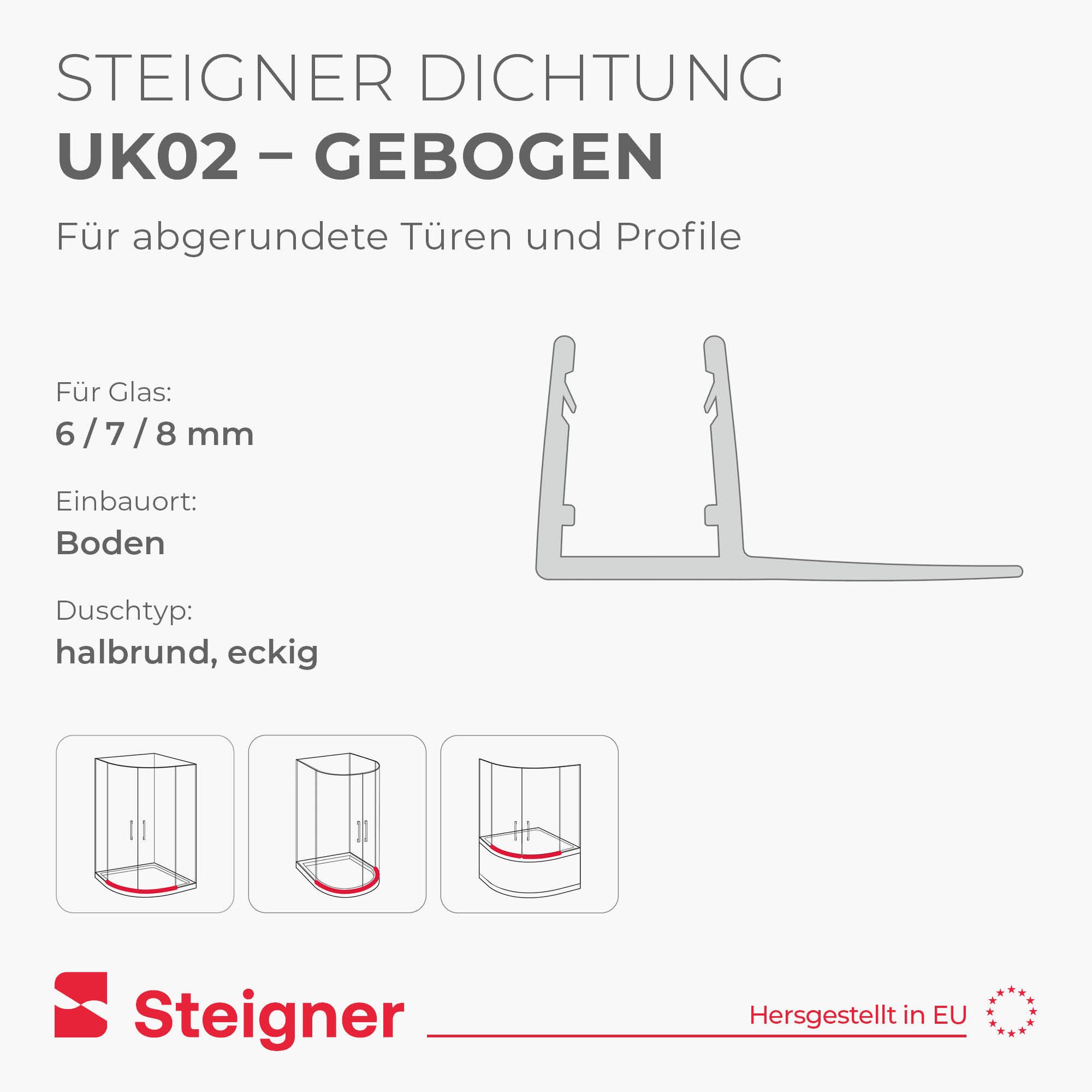 STEIGNER Duschdichtung Duschtürdichtung gebogen UK02 30 cm (1 Stk) Transparent 6-8 mm, L: 30 cm, (1 Stück Packung, Einzeldichtung), Duschdichtung für Runddusche – Bild 2 von 5