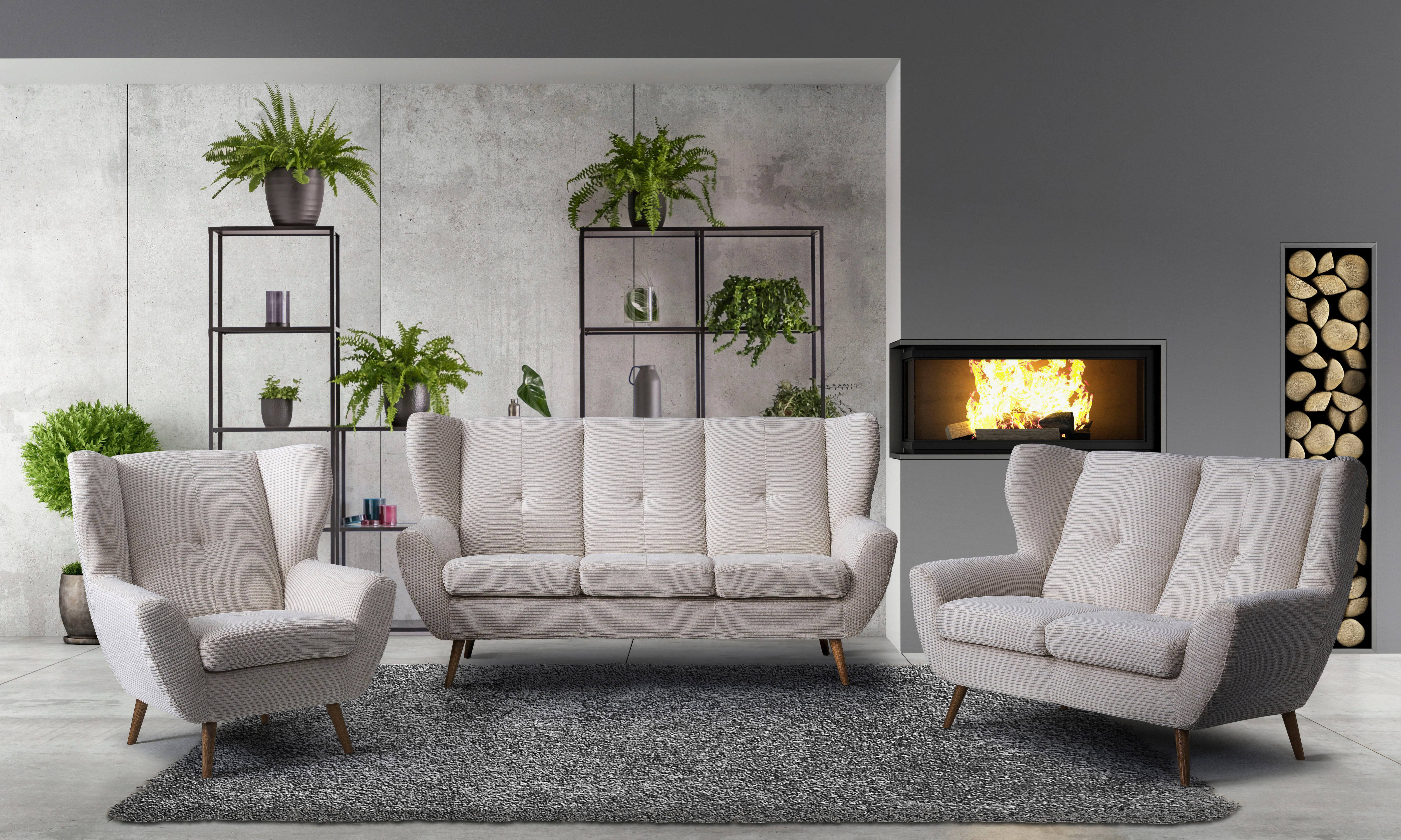exxpo - sofa fashion 3-Sitzer ALVESTA, Loungesofa, Küchensofa, hoher Sitzkomfort, Ohrenbackensofa, gemütliche Rückenlehne, mit Knopfheftung und hohen Holzfüßen, in Cord