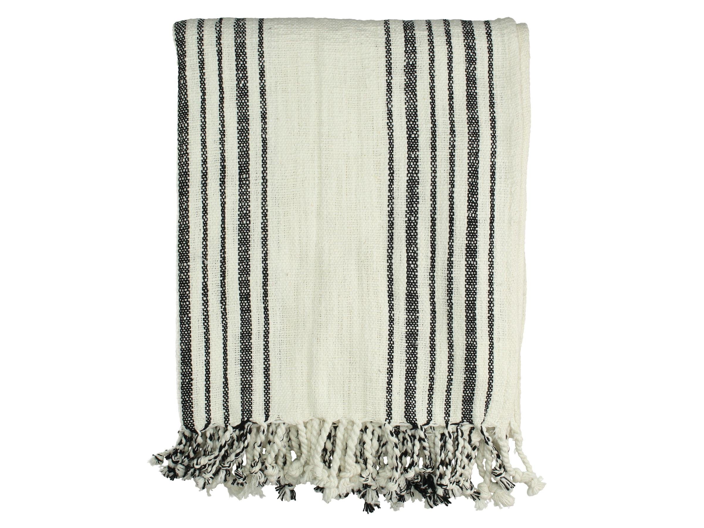Wohndecke Boho Decke mit Fransen, Ethno Plaid, Tagesdecke, Sofa Couch Überwurf, 130 x 170 cm, creme-schwarz