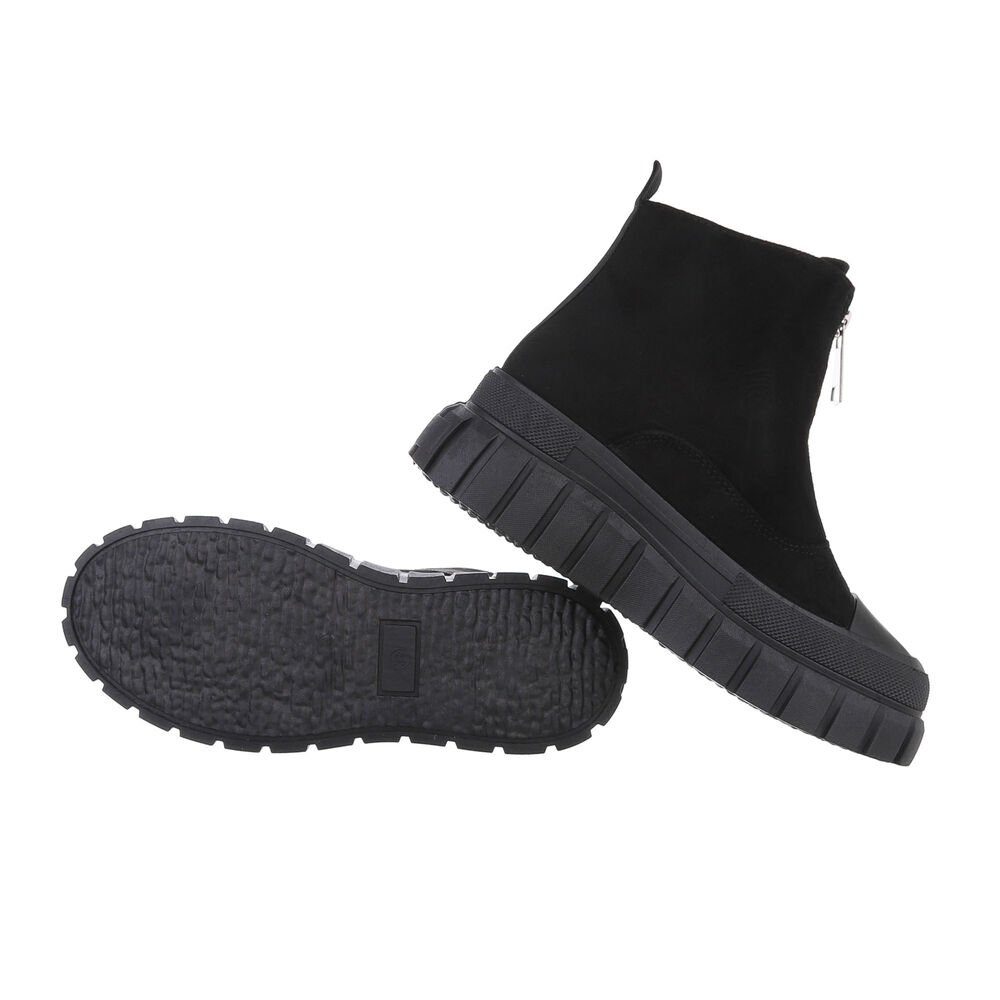 Ital-Design Damen Freizeit Plateaustiefelette Flach Plateaustiefeletten in Schwarz