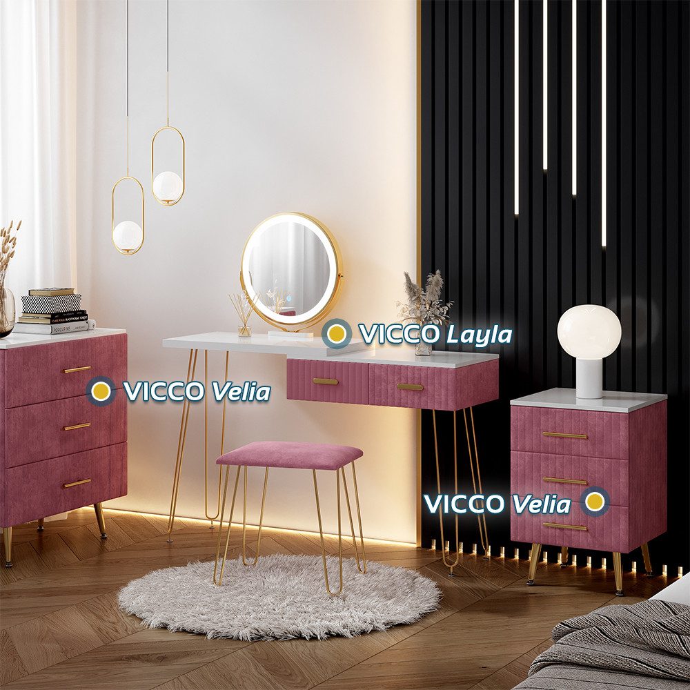 Vicco Kommode Velia, Rosa, 70 x 78.5 cm mit 3 Schubladen