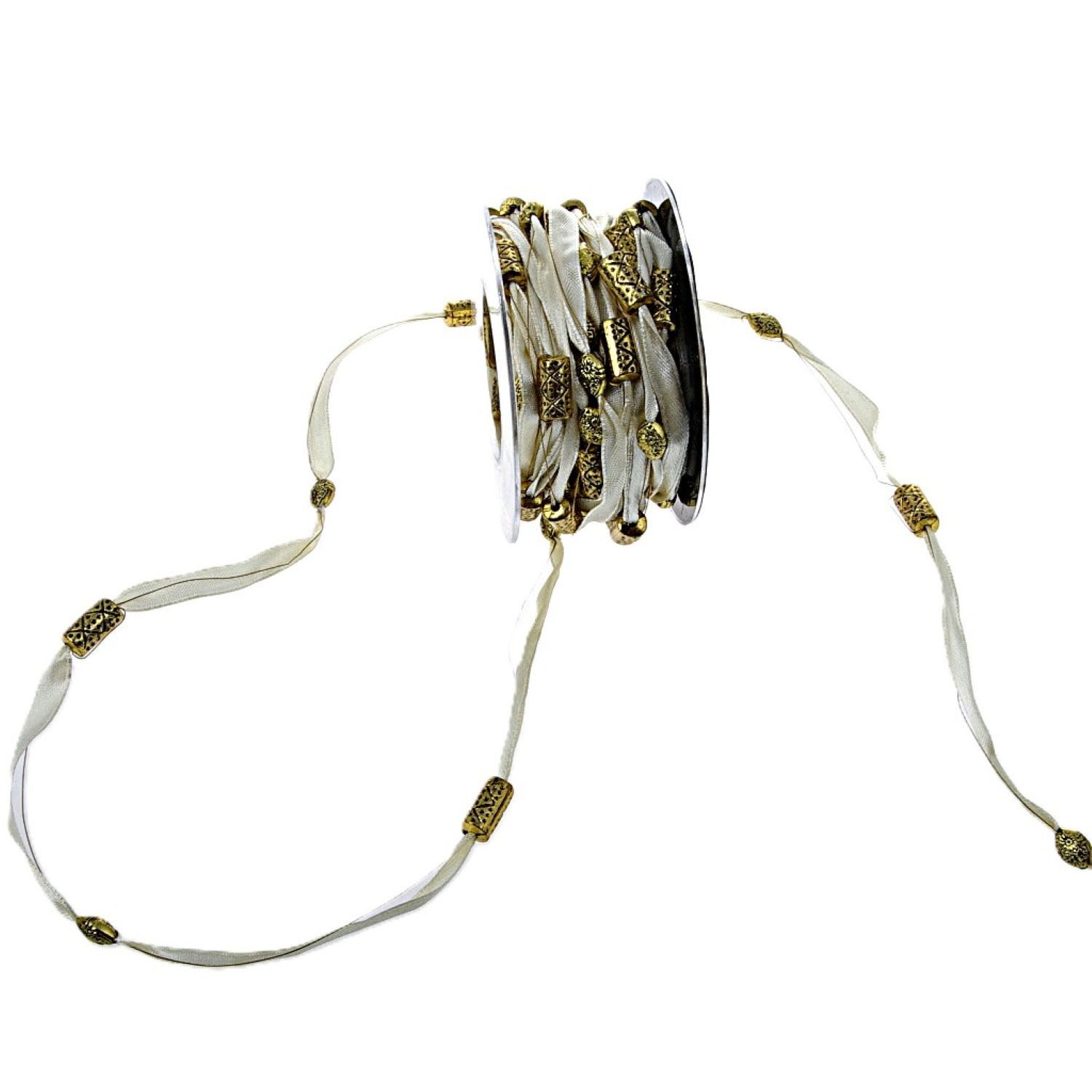 Deko AS Dekoobjekt Zierkordel aus Satin mit "Metal Look Beats" - creme-gold - 5 mm - 10