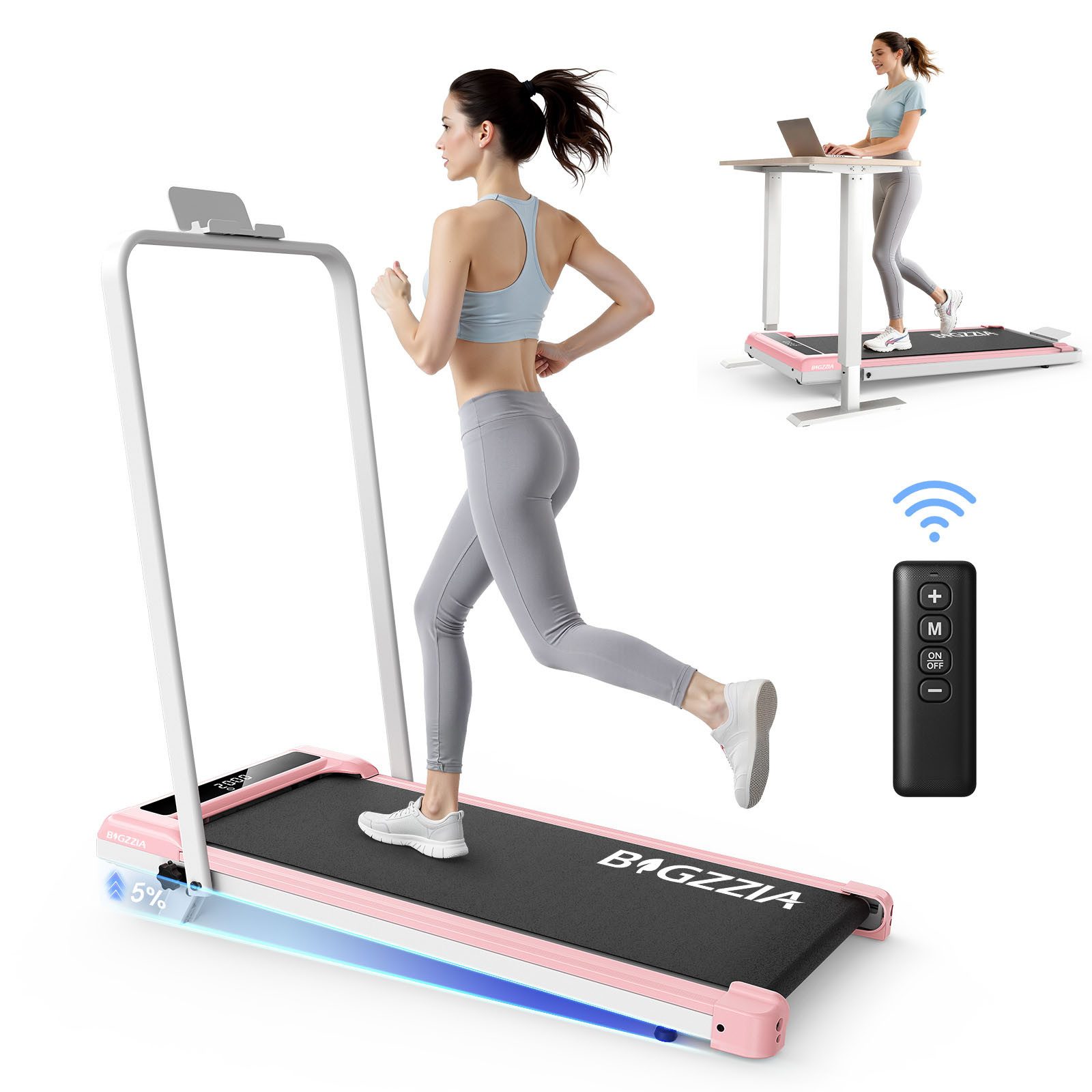 BIGZZIA Laufband - Klappbare Laufbänder 3 in 1 - mit 8% Steigung (Laufgerät für Zuhause bis 130KG - LED-Anzeige - Noise<45db), 1-10 km/h - Elektrisches 3.0 PS Bürstenloser Motor