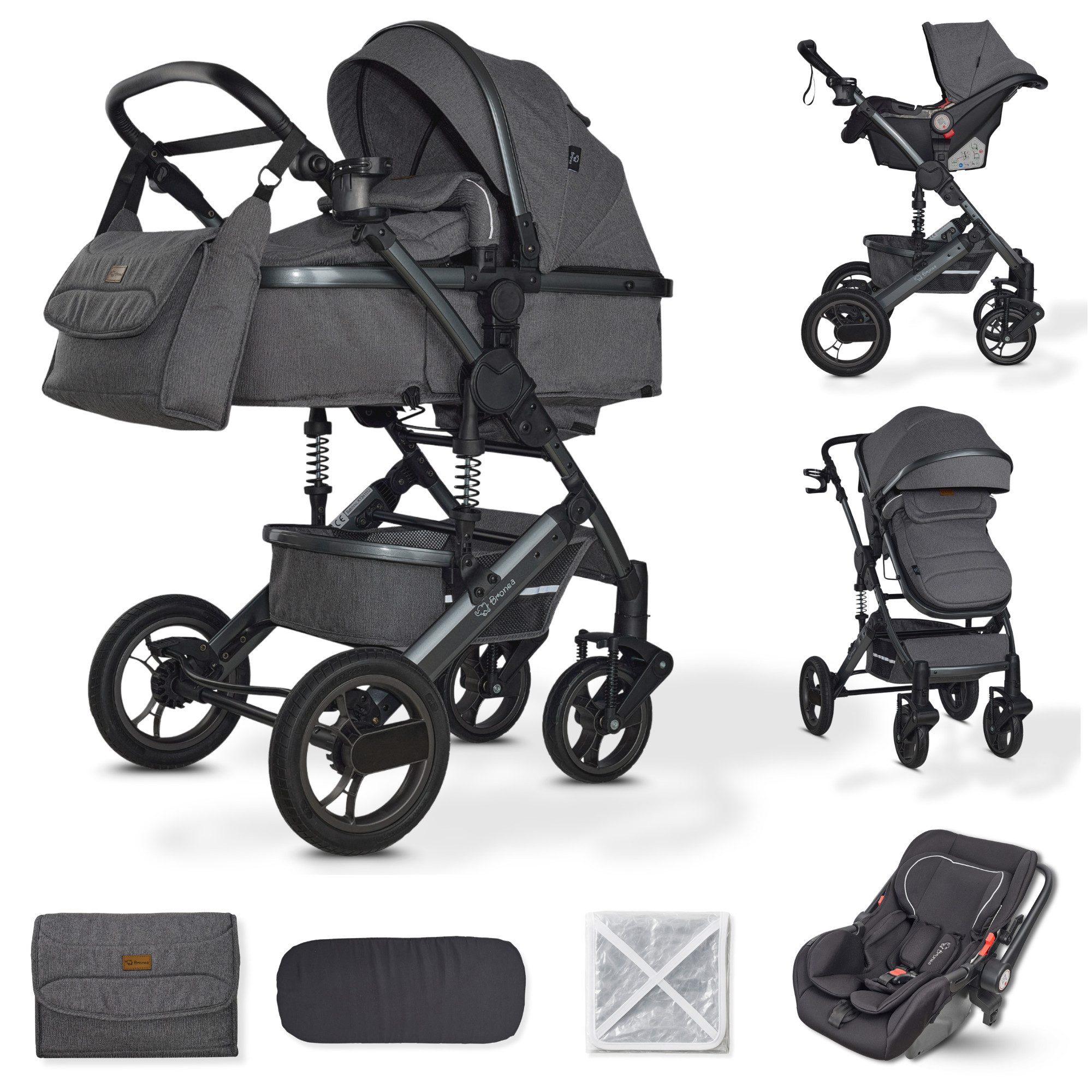 Bronea Kombi-Kinderwagen EXQUISE 2.0 Kinderwagen 3-in-1 GREY/GREY mit BUGGY, AUTO-BABYSCHALE, HOCHWERTIGES MODELL, Wickeltasche, Regen-, Mücken- & Sonnenschutz