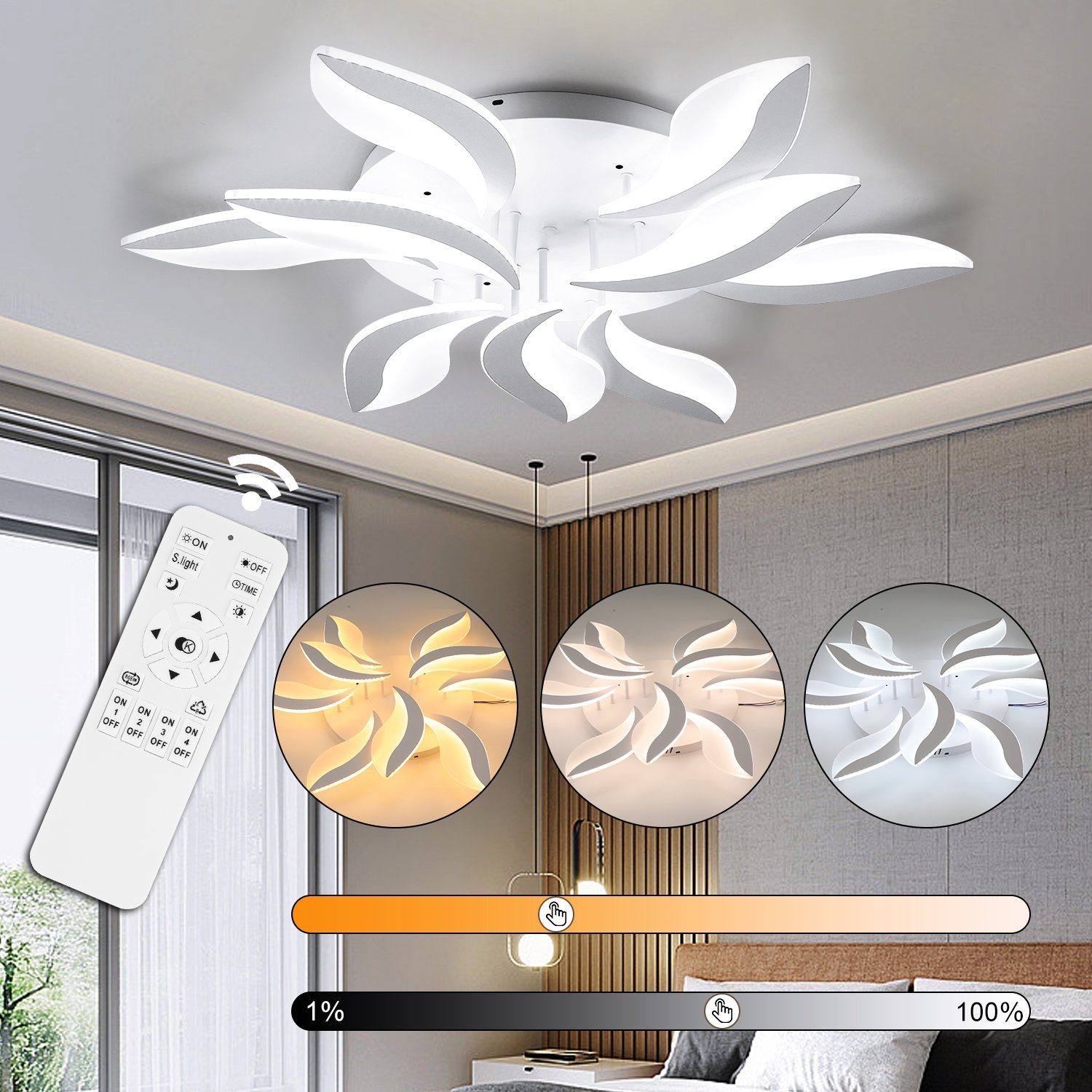 kaltweiß, für Wohnzimmer, Weiß neutralweiß, Deckenbeleuchtung, Dimmbare warmweiß, Acryl Blumen, iscooter 50W LED LED Deckenleuchten Deckenleuchte 9-Blatt Esszimmer Schlafzimmer, integriert, fest