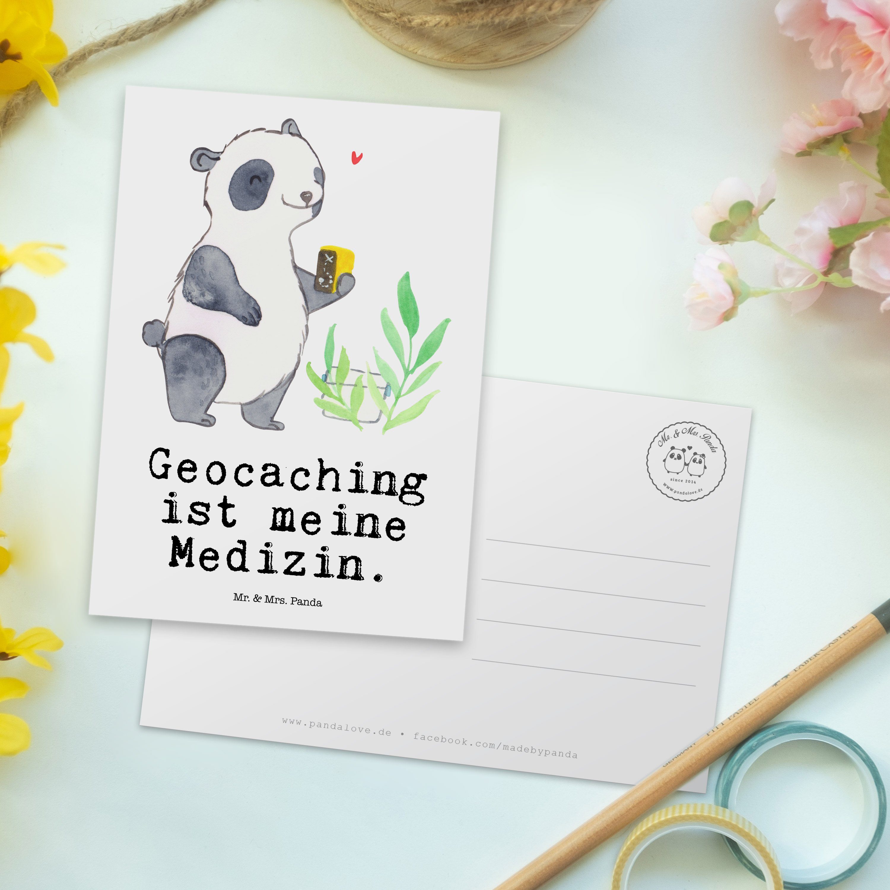 Dankeschön Postkarte Geschenk, Panda - Medizin Karte, Panda - Geocaching Mrs. Hobby, & Weiß Mr.