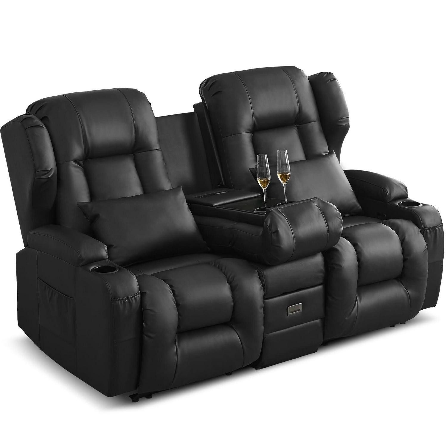 LuxusKollektion Loveseat Relaxsessel 2er Kunstleder Schwarz Klappbare Mittelkonsole
