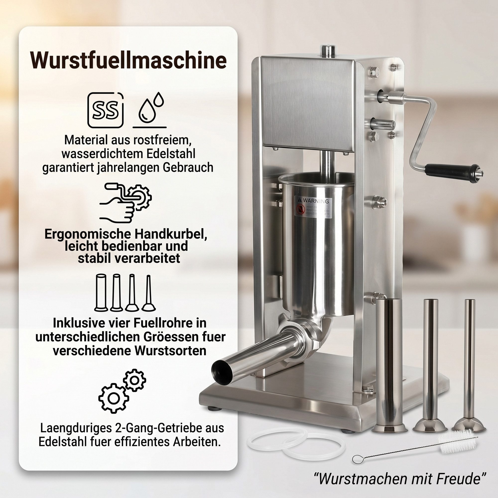 Mucola Wurstfüllaufsatz Wurstfüllmaschine Edelstahl Wurstfüller inkl. 4 Füllrohre Wurstspritze, Zubehör für Universal, 2-Gang-Getriebe