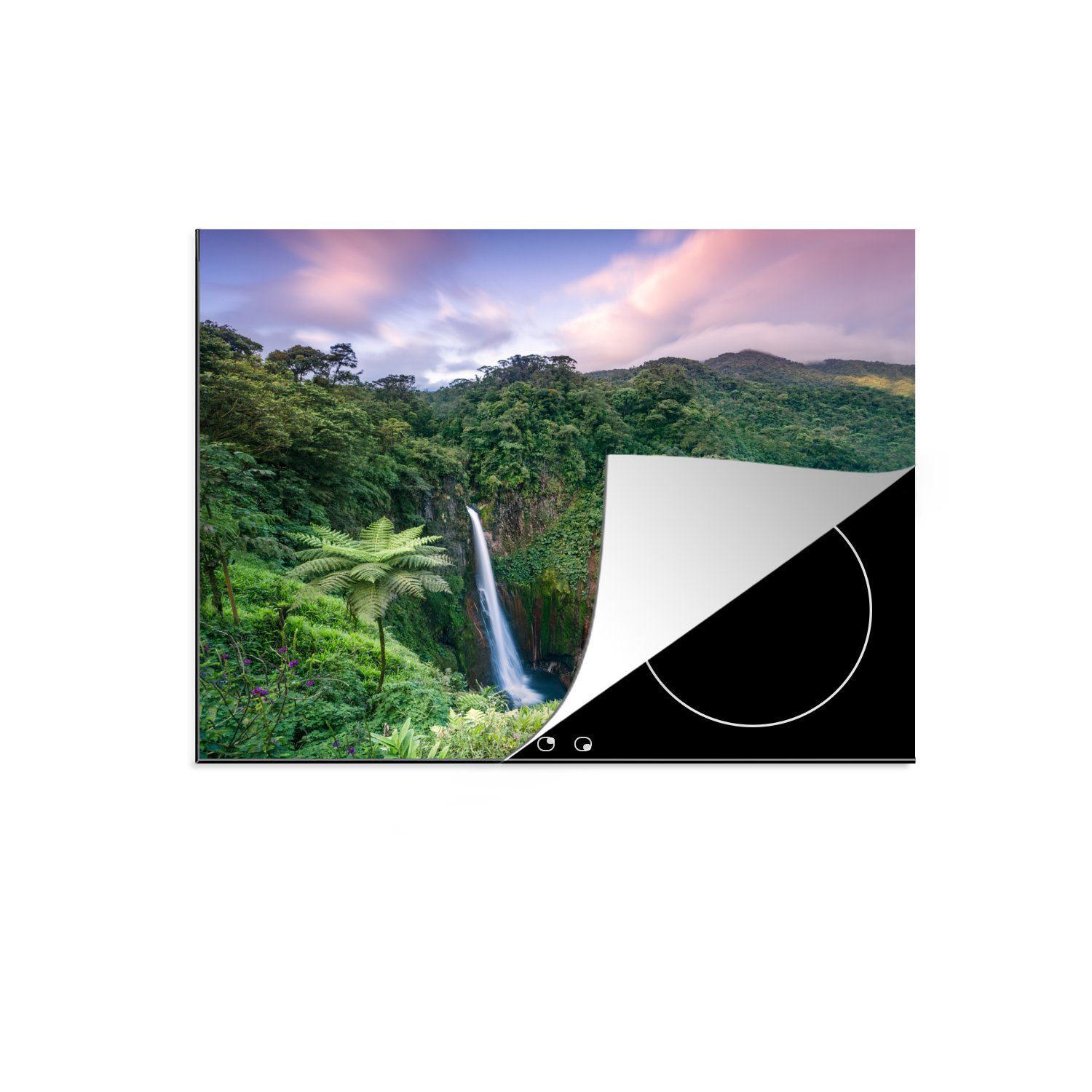 MuchoWow Herdblende-/Abdeckplatte Sonnenuntergang hinter einem hohen Wasserfall in Costa Rica, Vinyl, (1 tlg), 60x52 cm, Mobile Arbeitsfläche nutzbar, Ceranfeldabdeckung