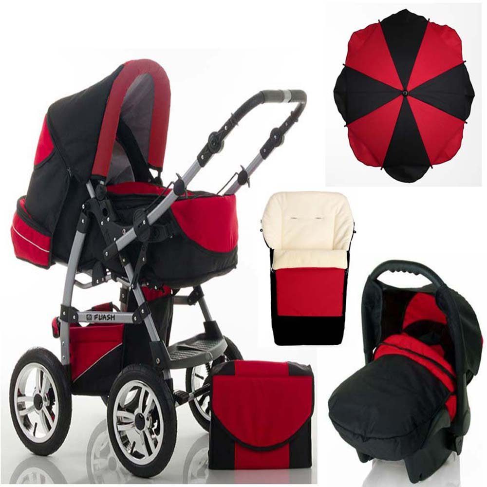 babies-on-wheels Kombi-Kinderwagen 5 in 1 Kinderwagen-Set Flash inkl. Autositz - 17 Teile - in 18 Farben Schwarz-Rot