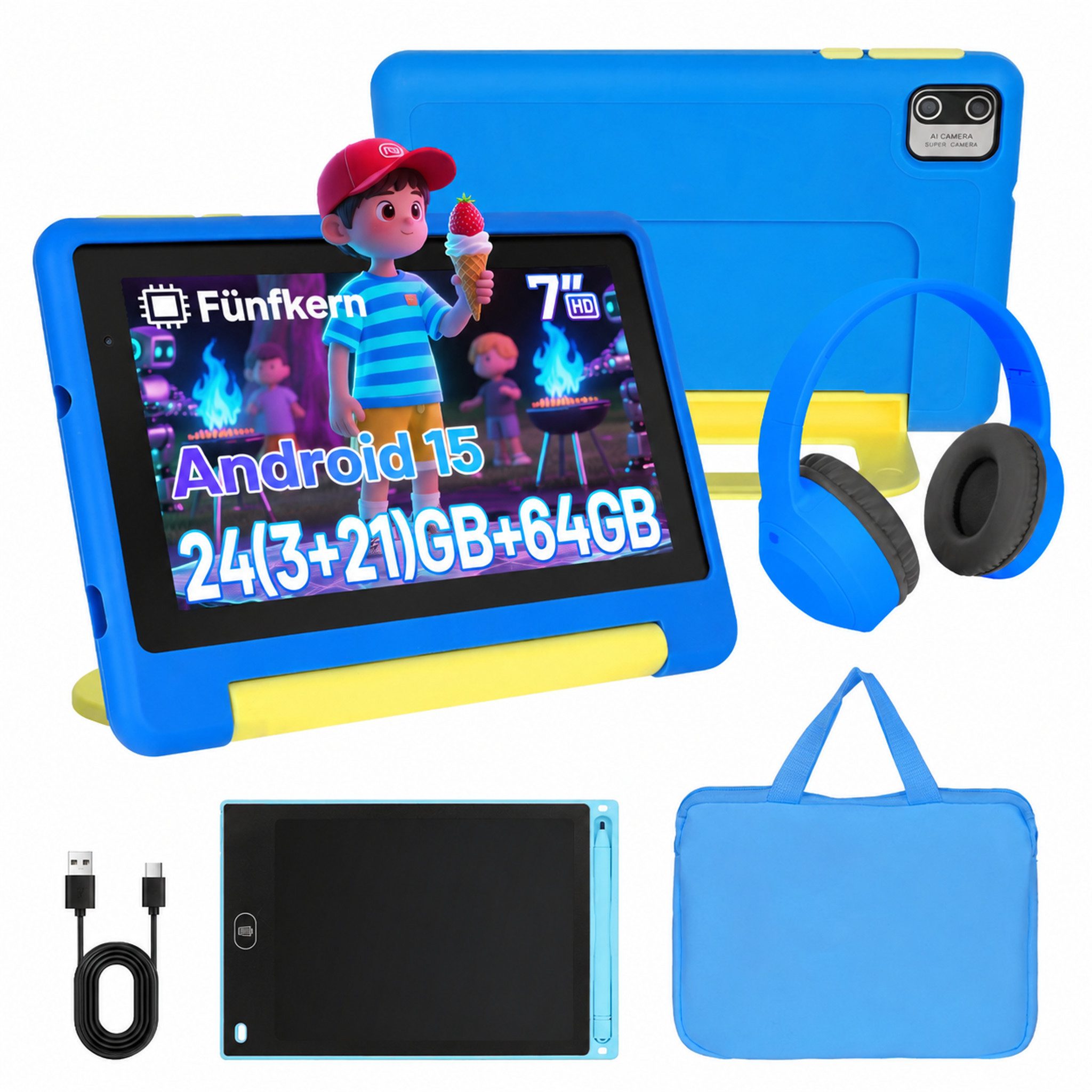 Happybe 7 Zoll 64GB HD-Display mit Schreibtafel, Kopfhörer & Tasche Kinder Tablet (7", 64 GB, Android, Android 15, Vorinstallierte Kindersoftware, Lernen durch Spielen)