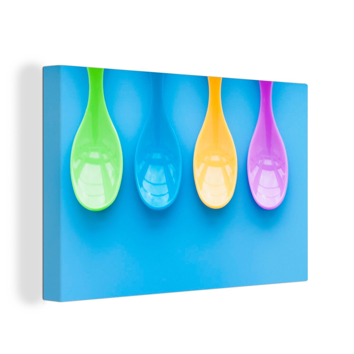 OneMillionCanvasses® Leinwandbild Leere farbige Löffel, (1 St), Wandbild Leinwandbilder, Aufhängefertig, Wanddeko, 30x20 cm