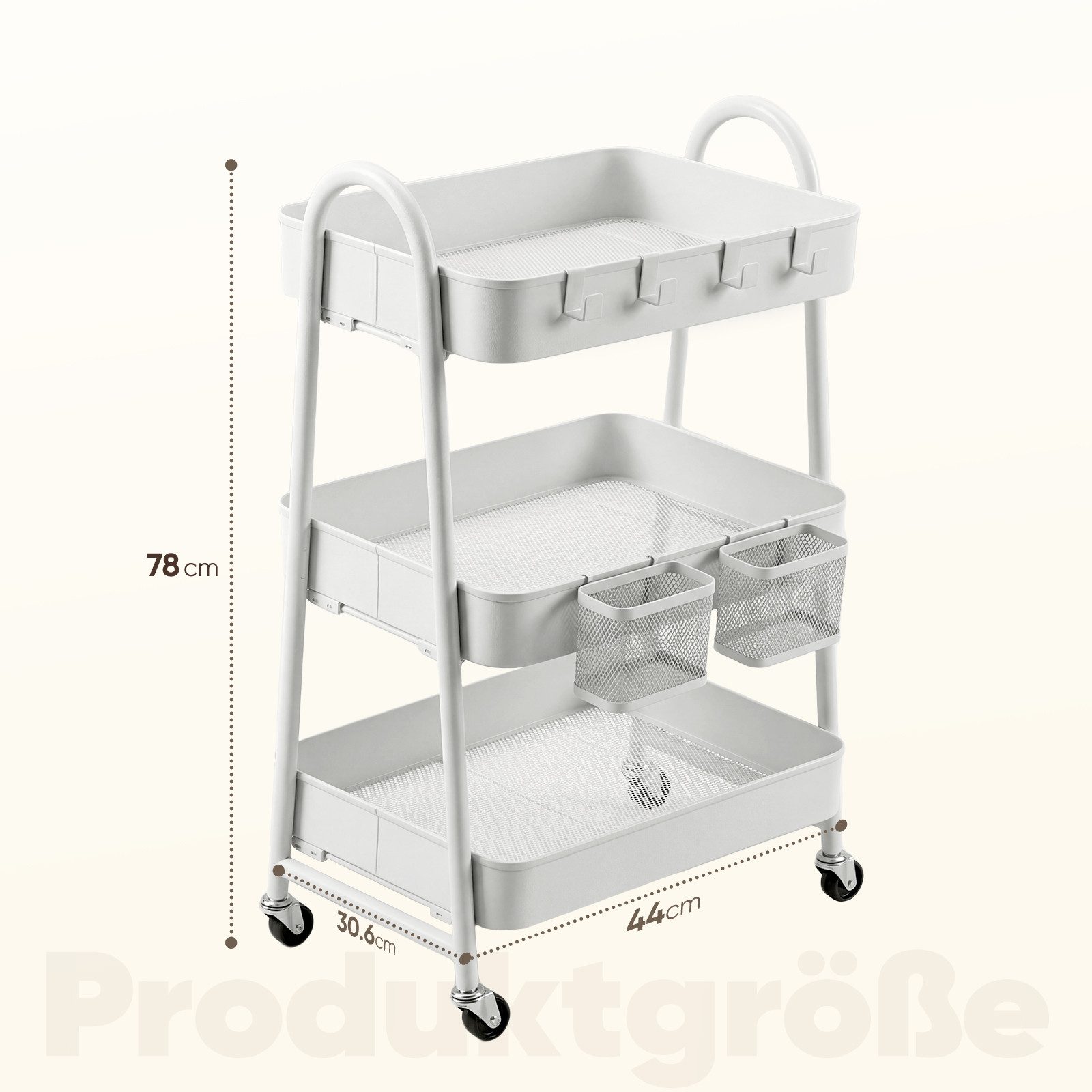Sekey Rollwagen Küche 30 cm Breit Servierwagen mit Rollen Metall, 2 Körben & 4 Haken, Innovatives Klick-Design für schnelle Montage ohne Schrauben – Bild 3 von 5