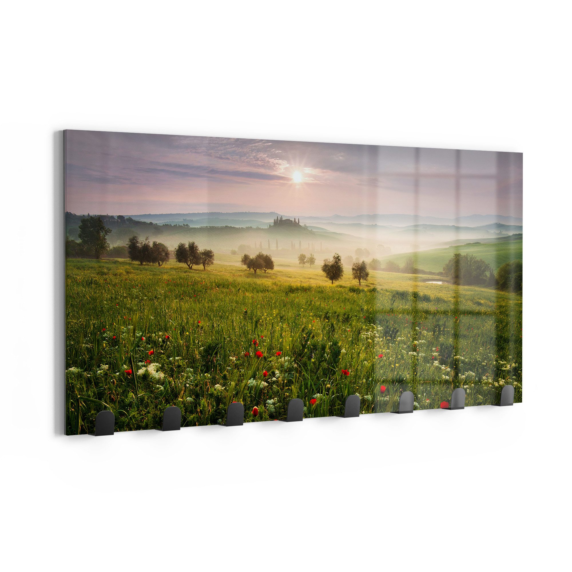 DEQORI Kleiderhaken 'Idyllisches Morgenlicht', Glas Garderobe Paneel magnetisch beschreibbar
