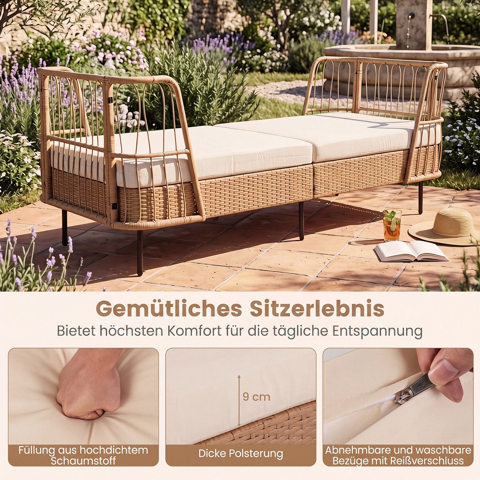 COSTWAY Gartenliege, Rattan Sofabett mit dickem Sitzkissen, verstellbaren Füßen