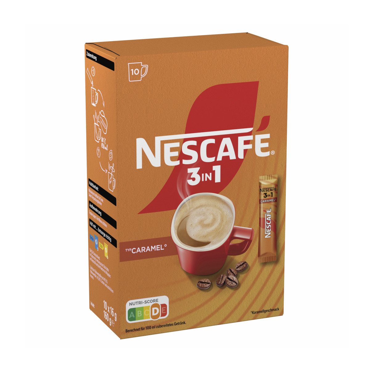 NESCAFE Kaffee, Nescafe 3in1 Typ Caramel Löskaffee 10 Sticks á 16 g Packung 160g