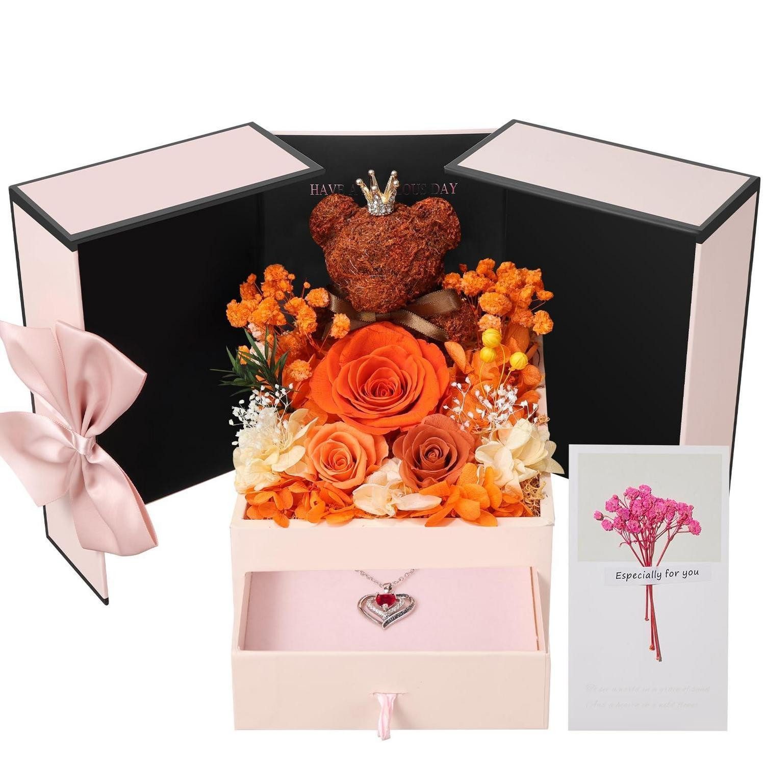 Trockenblume Rose Geschenkset mit Halskette & Moosbär, LuxusKollektion, Höhe 14 cm, Pampasgras