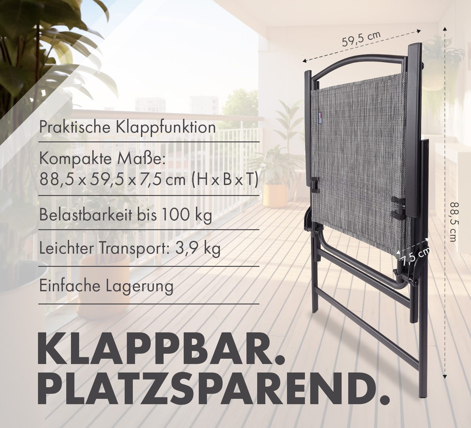 BRUBAKER Campingstuhl Bergamo - Camping Gartenstuhl - wetterfest und platzsparend (Balkonstuhl klappbar, 2 St), Klappstuhl für Garten, Terrasse und Balkon - Grau Meliert