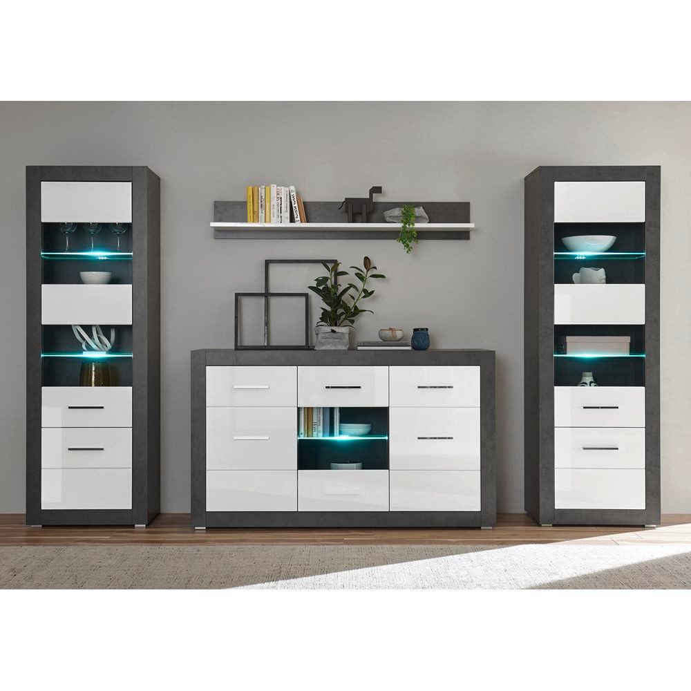 Lomadox Wohnwand ETON-61, (2-St), weiß mit LED-Beleuchtung 314/198/35-42cm