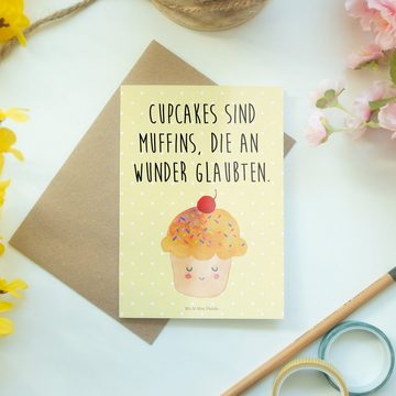 Mr. & Mrs. Panda Grußkarte Cupcake - Gelb Pastell - Geschenk, Glückwunschkarte, Geburtstagskarte, Einzigartige Motive