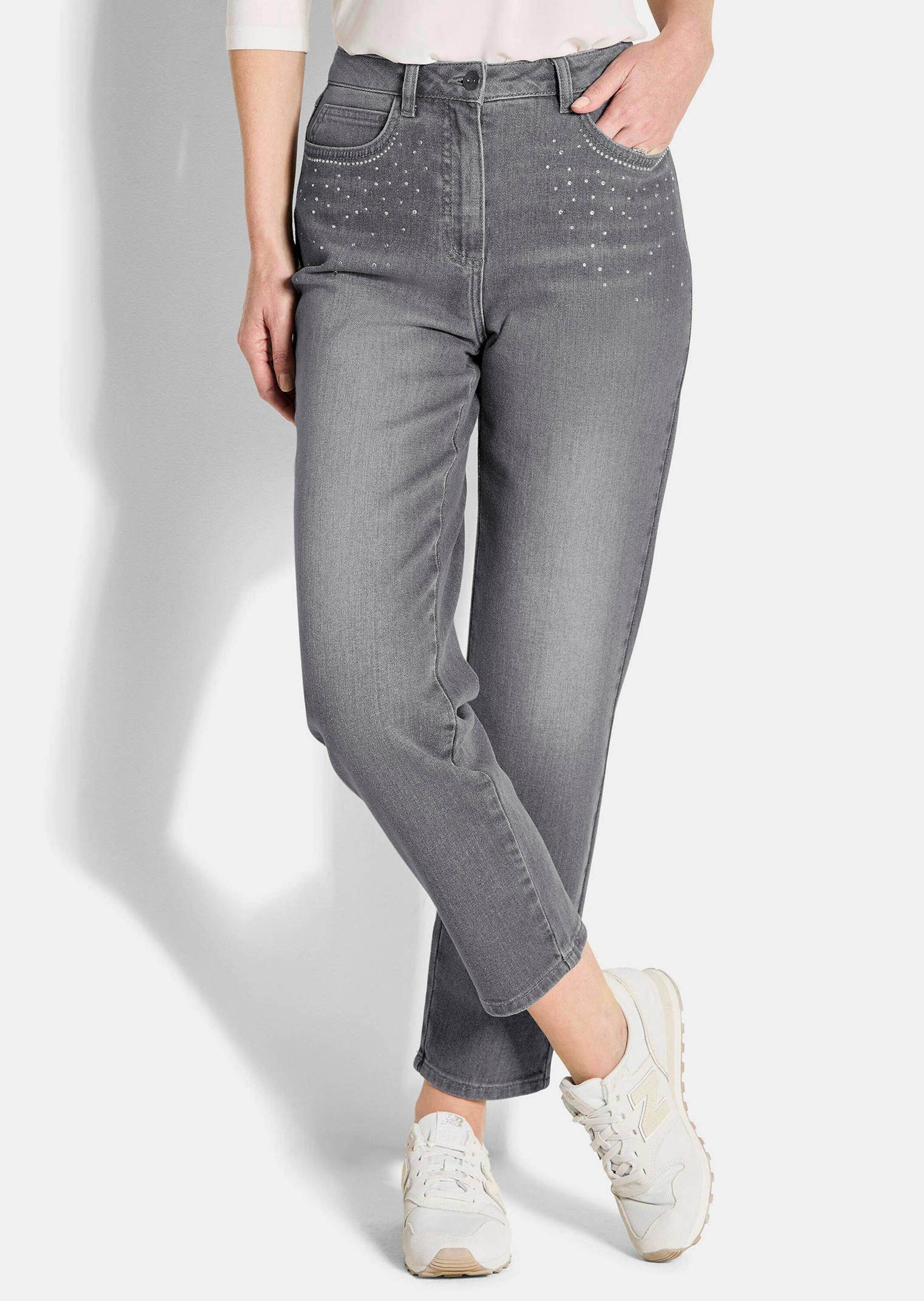GOLDNER Bequeme Jeans Kurzgröße: Mom-Jeans SARA mit Formbund Bequeme Denim-Hose mit Glitzer-Details, aus Baumwolle