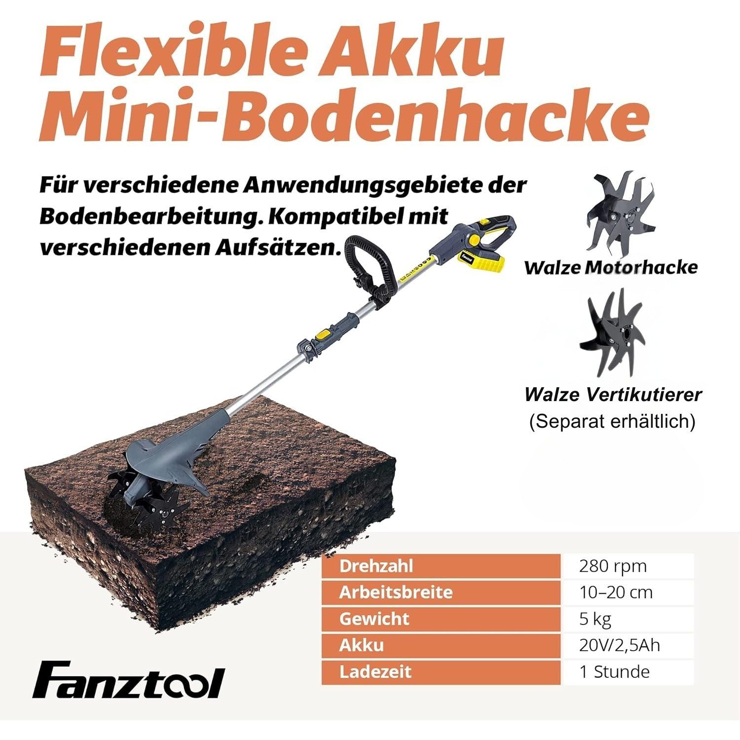 Fanztool Akku-Motorhacke 20V Motorhacke Bodenhacke Gartenhacke Kultivator mit 2.5Ah Akku