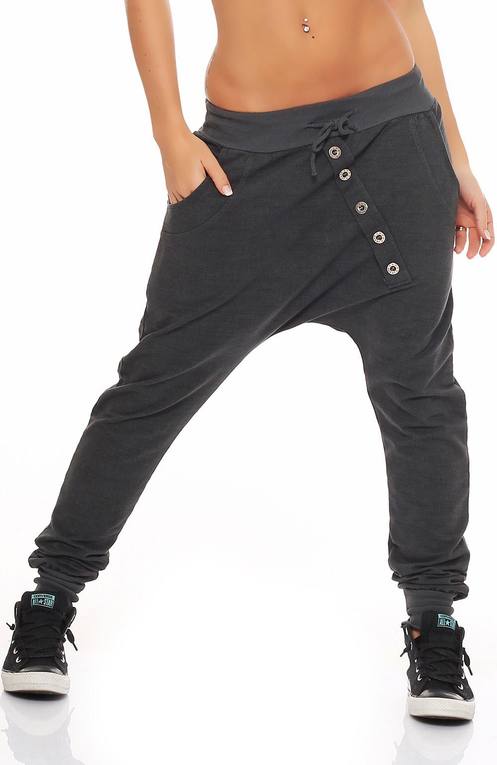 malito more than fashion Jogginghose malito Damen Jogginghose mit Knopfleiste, Sporthose meliert, Baggy Baggyhose mit elastischem Bund Einheitsgröße